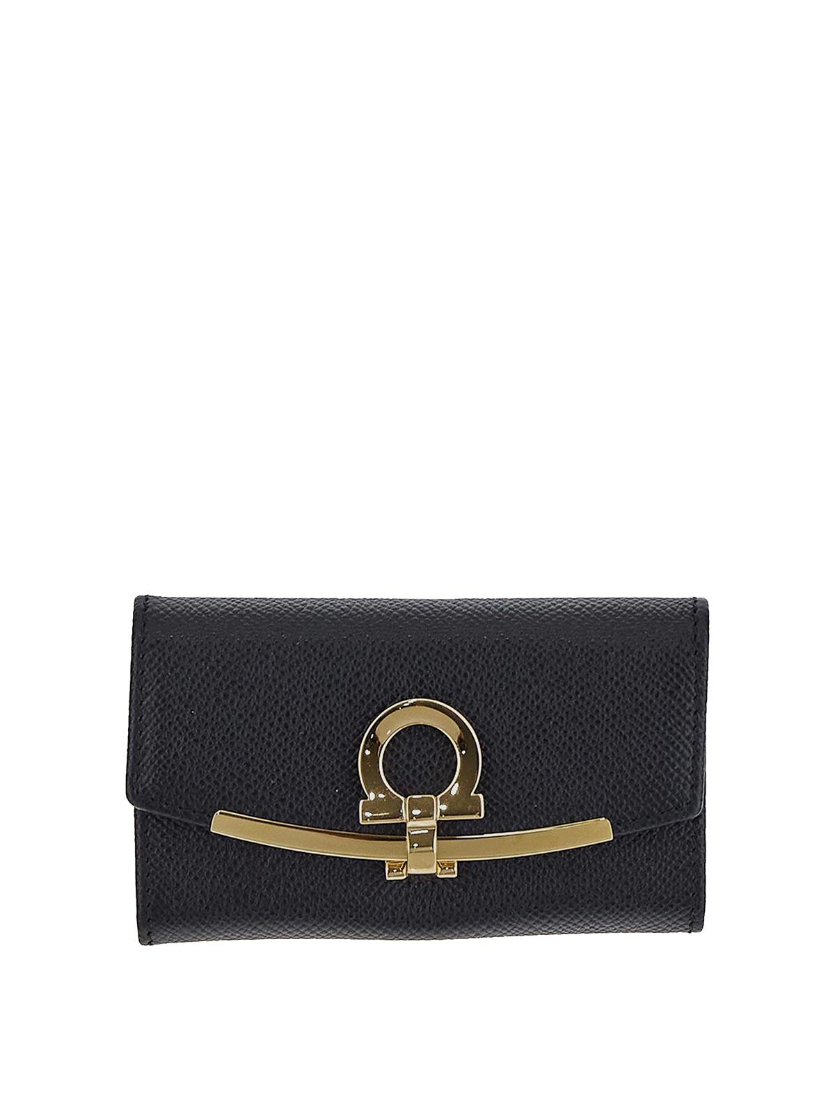 Valextra Coin Purse In Black Grained With Flap