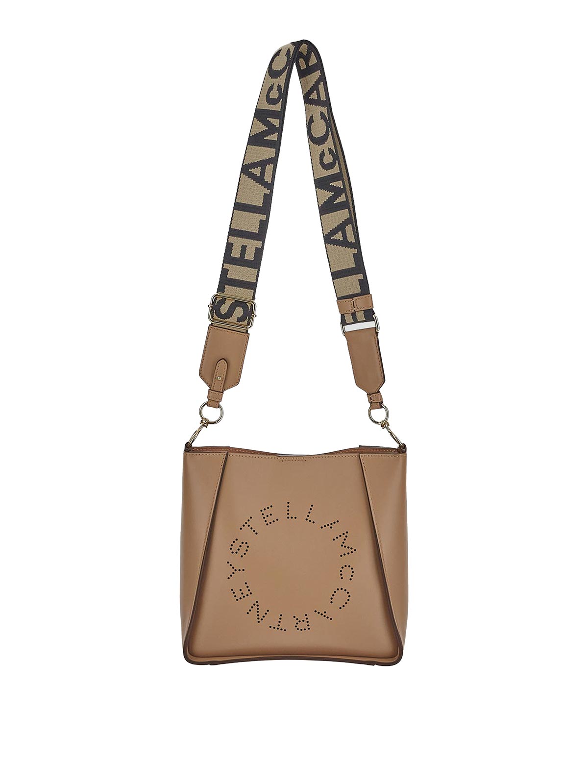 Shop Stella Mccartney Shoulder Bag In Sand Vegan With Openwork Logo In Beige