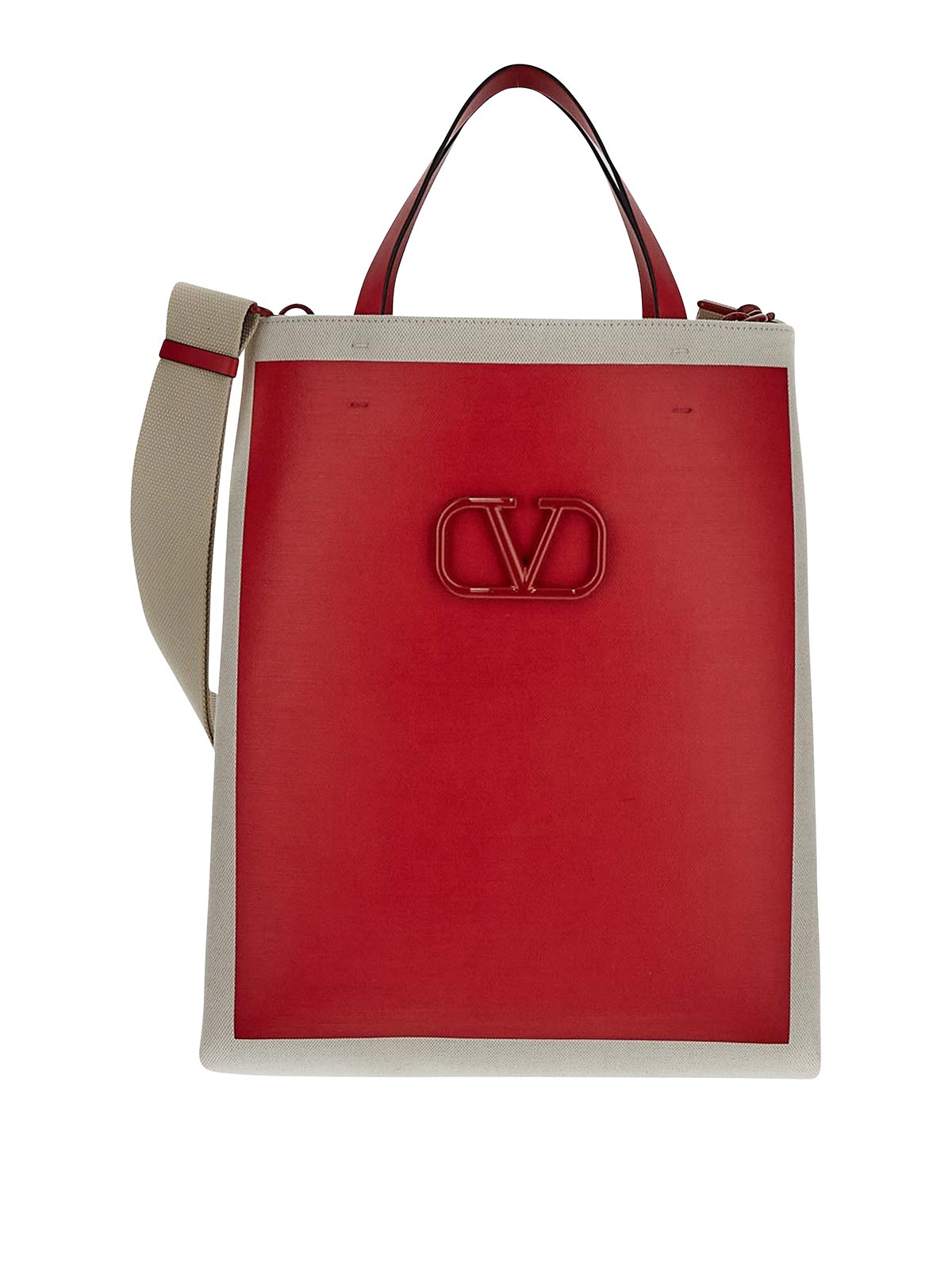 Valentino Garavani Shopping Bag In Natural With Red Panel Print In Beige