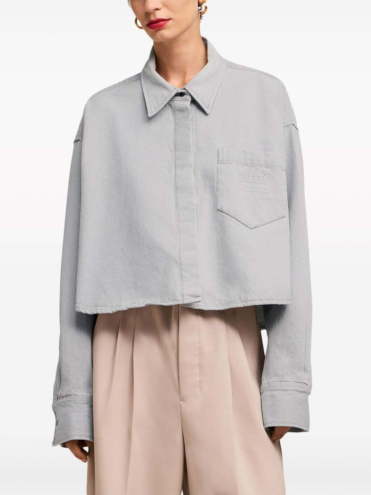 Shop Ami Alexandre Mattiussi Logo-embossed Denim Shirt In Light Grey