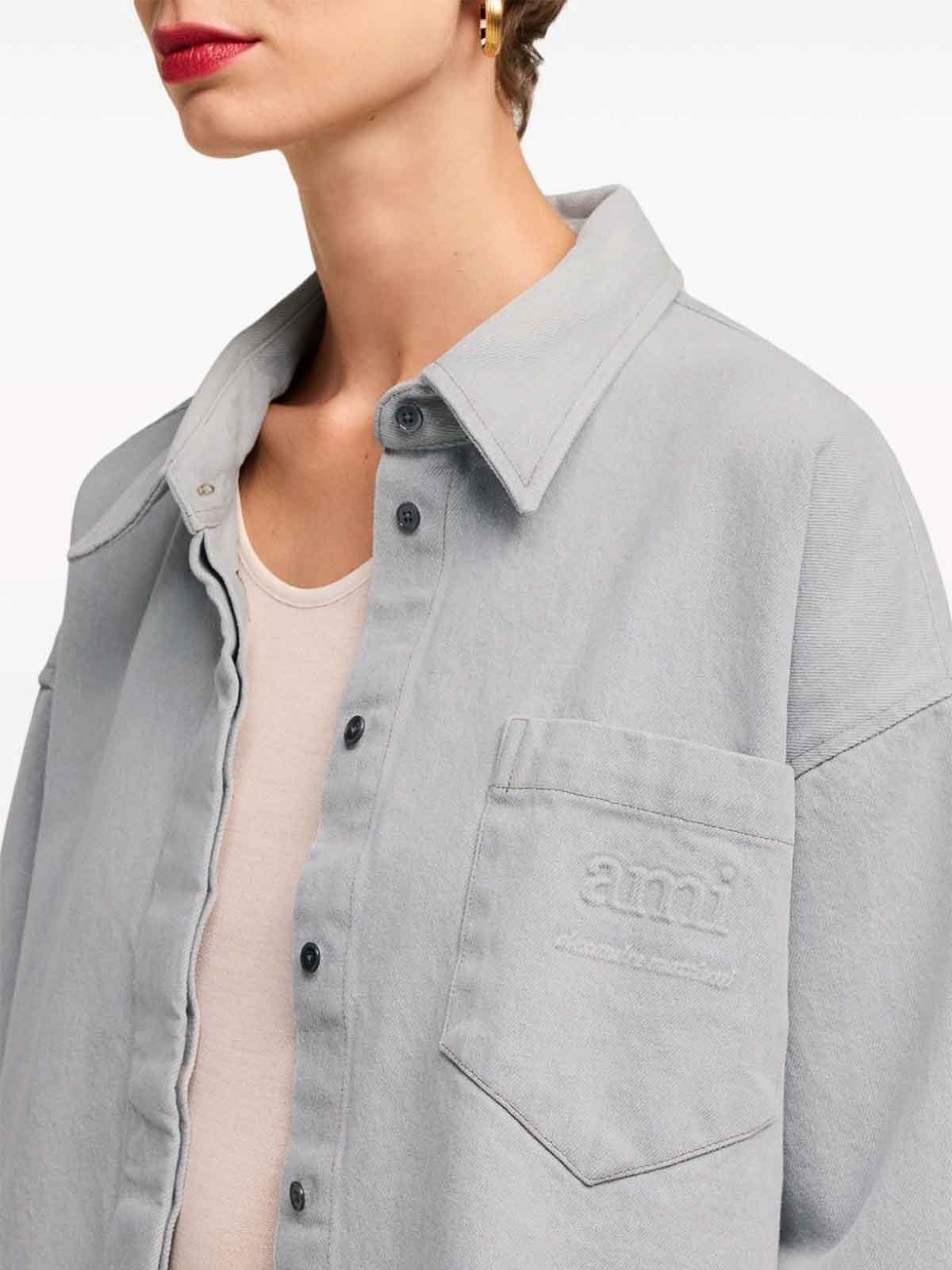 Shop Ami Alexandre Mattiussi Logo-embossed Denim Shirt In Light Grey
