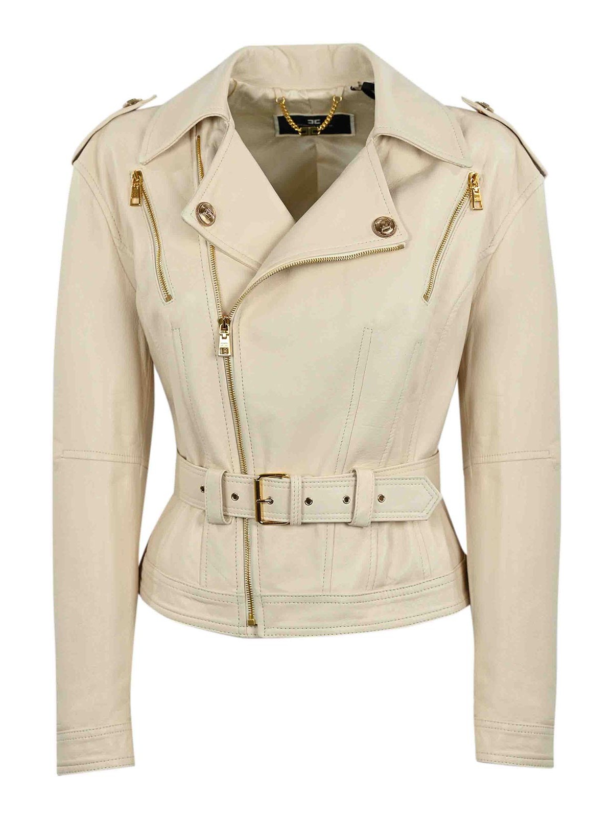 Shop Elisabetta Franchi Leather Jacket In Cream