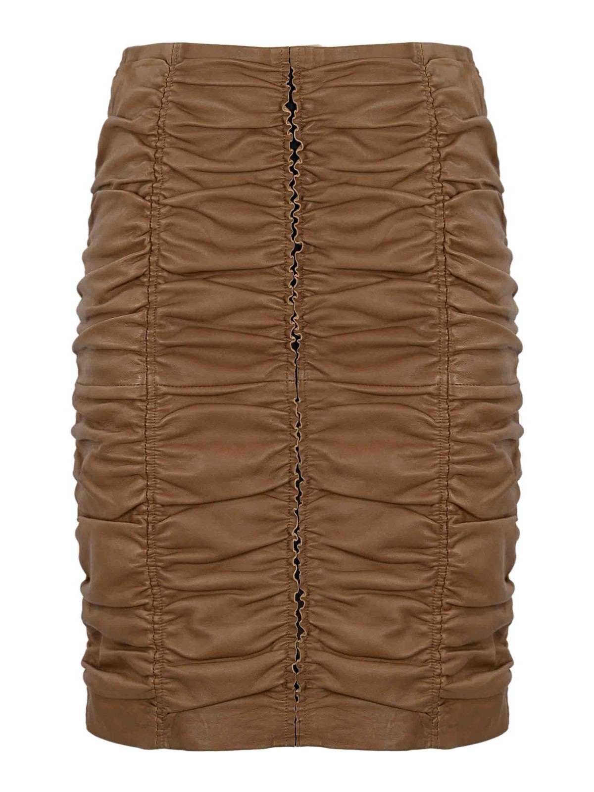 Pinko Ruched Leather Midi Skirt In Brown