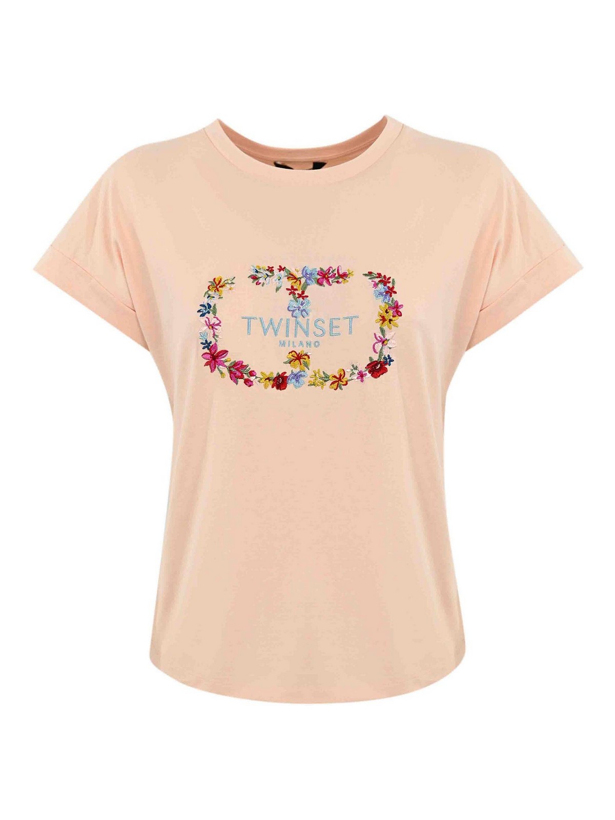 Shop Twinset T-shirt With Floral Embroidery In Nude & Neutrals