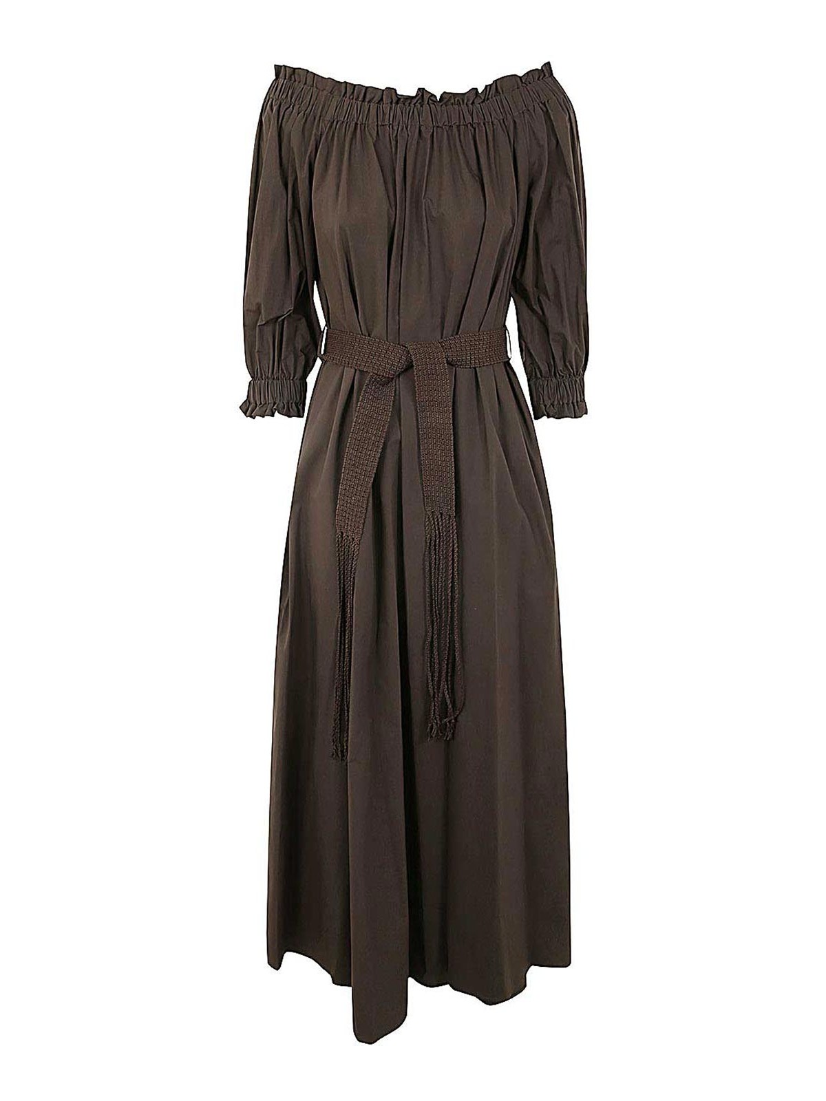 Shop P.a.r.o.s.h Off The Shoulder Long Dress In Brown
