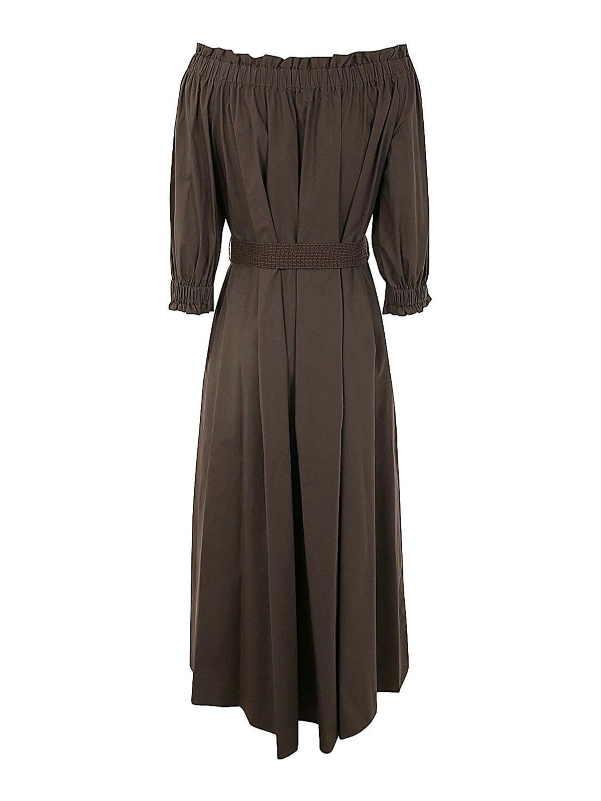 Shop P.a.r.o.s.h Off The Shoulder Long Dress In Brown
