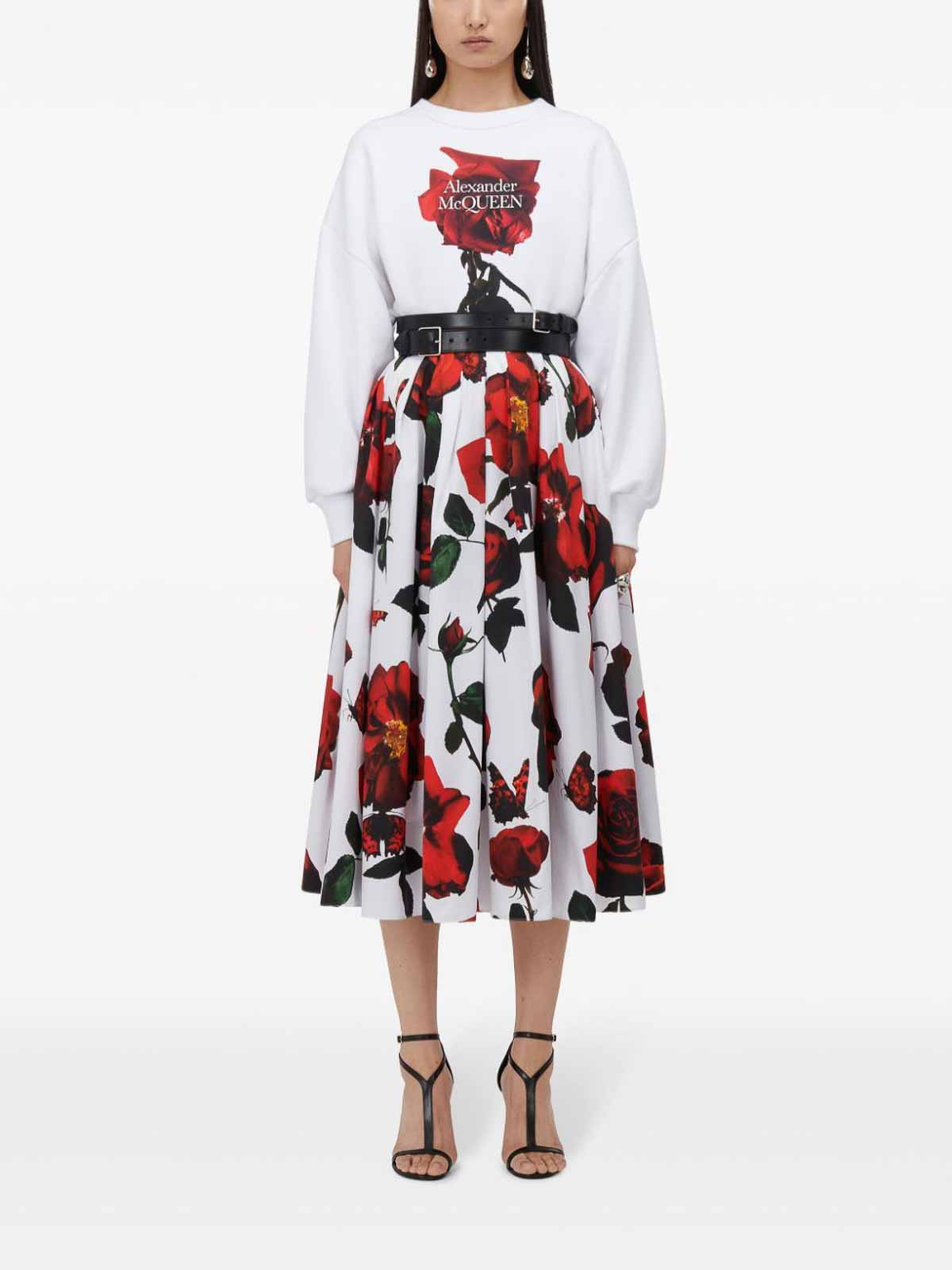 Alexander Mcqueen Rose Print Skirt - White | 684284QDAOL9000
