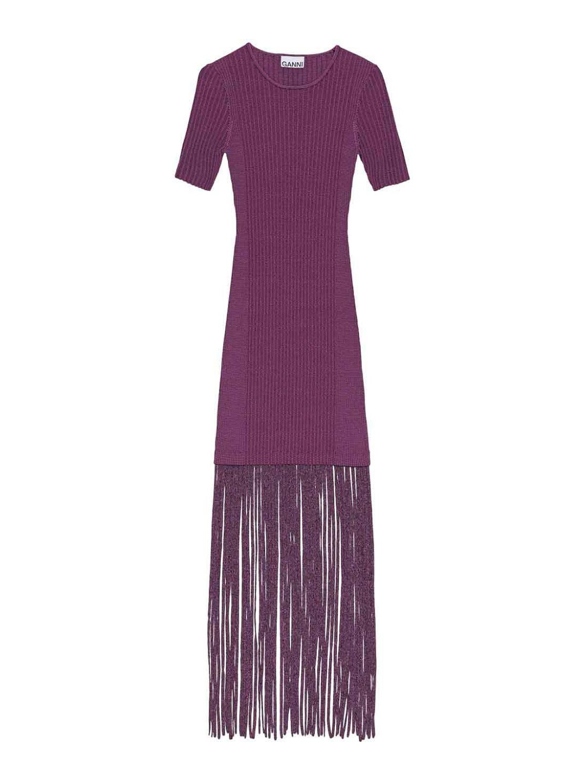 Shop Ganni Dress With Fringes In Purple