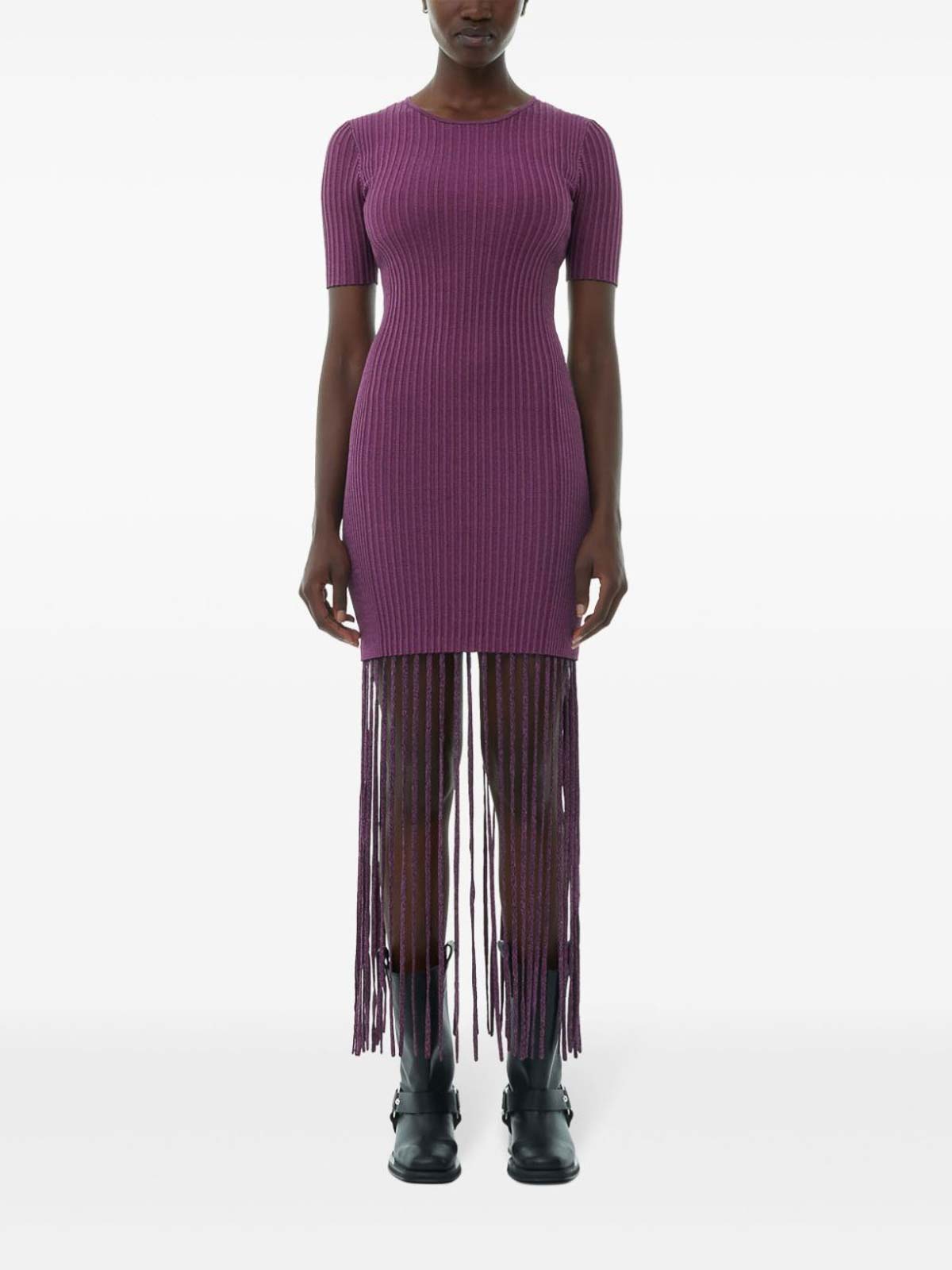 Shop Ganni Dress With Fringes In Purple