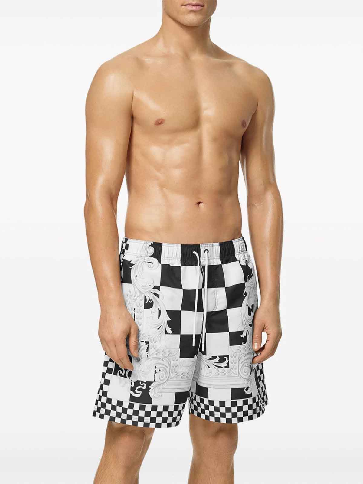 Shop Versace Checkered Print Swimsuit In White