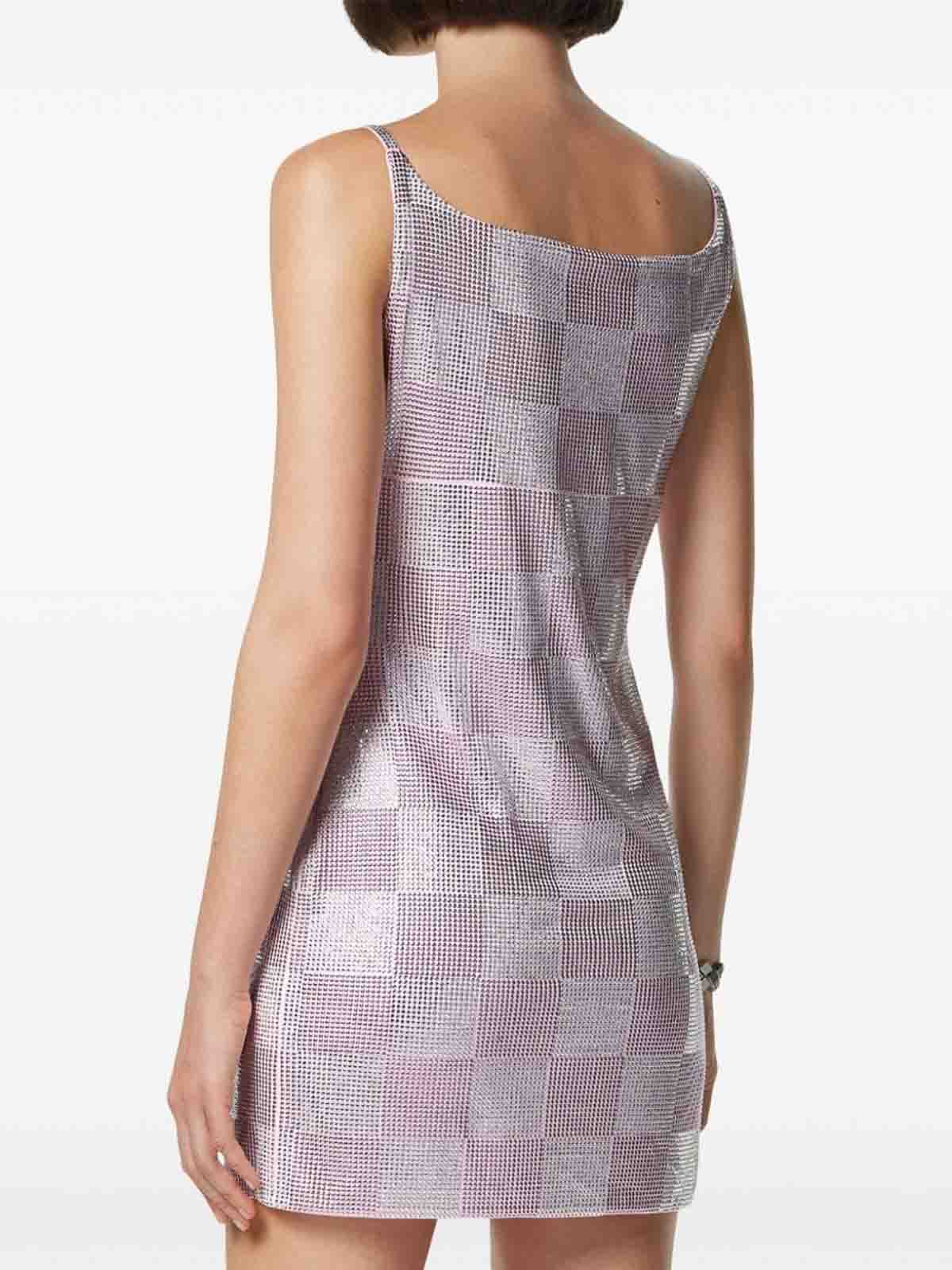 Shop Versace Check Pattern Dress In Nude & Neutrals