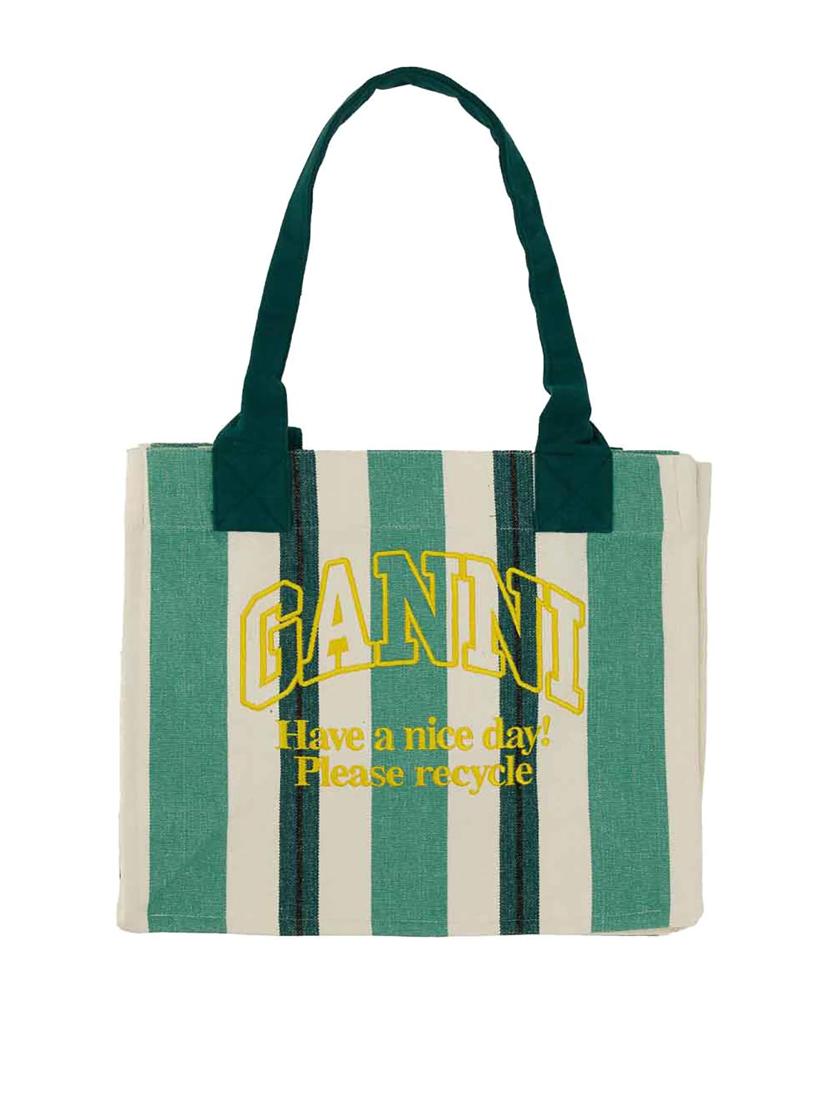 Ganni Canvas Tote Bag In Green