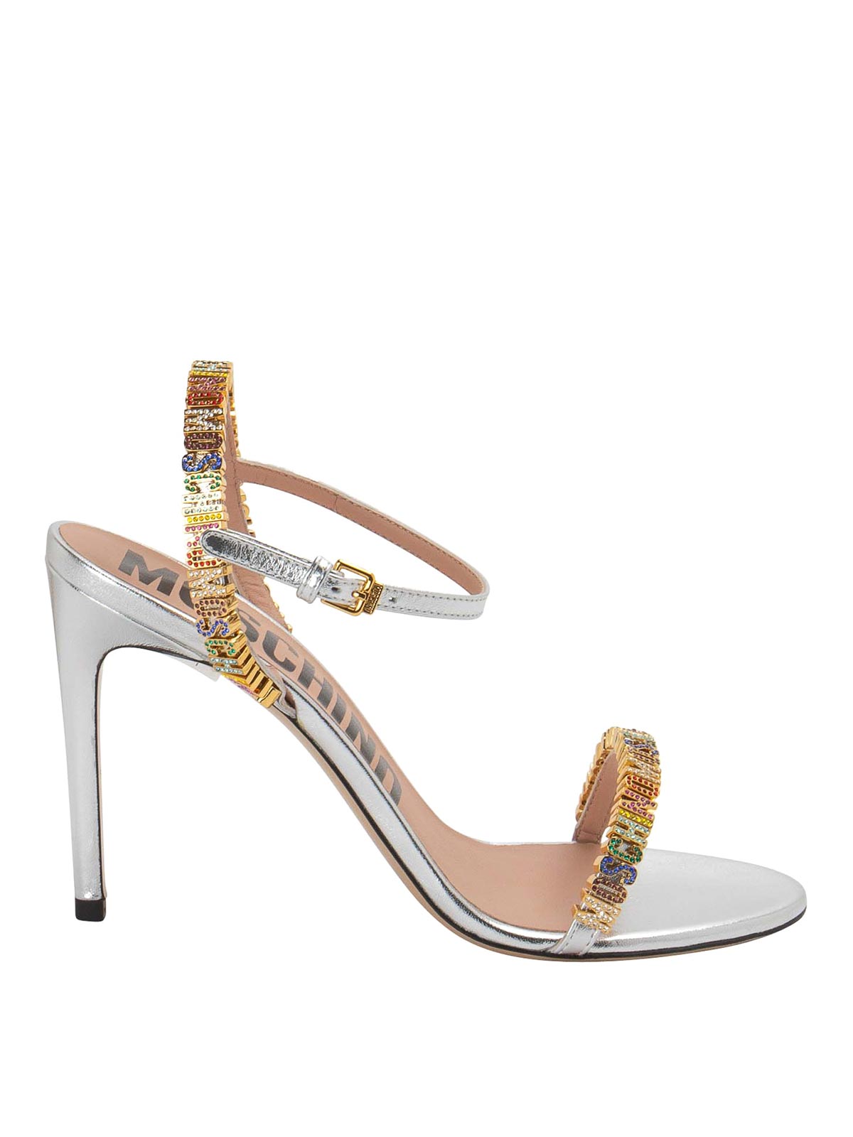 Shop Moschino Leather Sandals In Silver