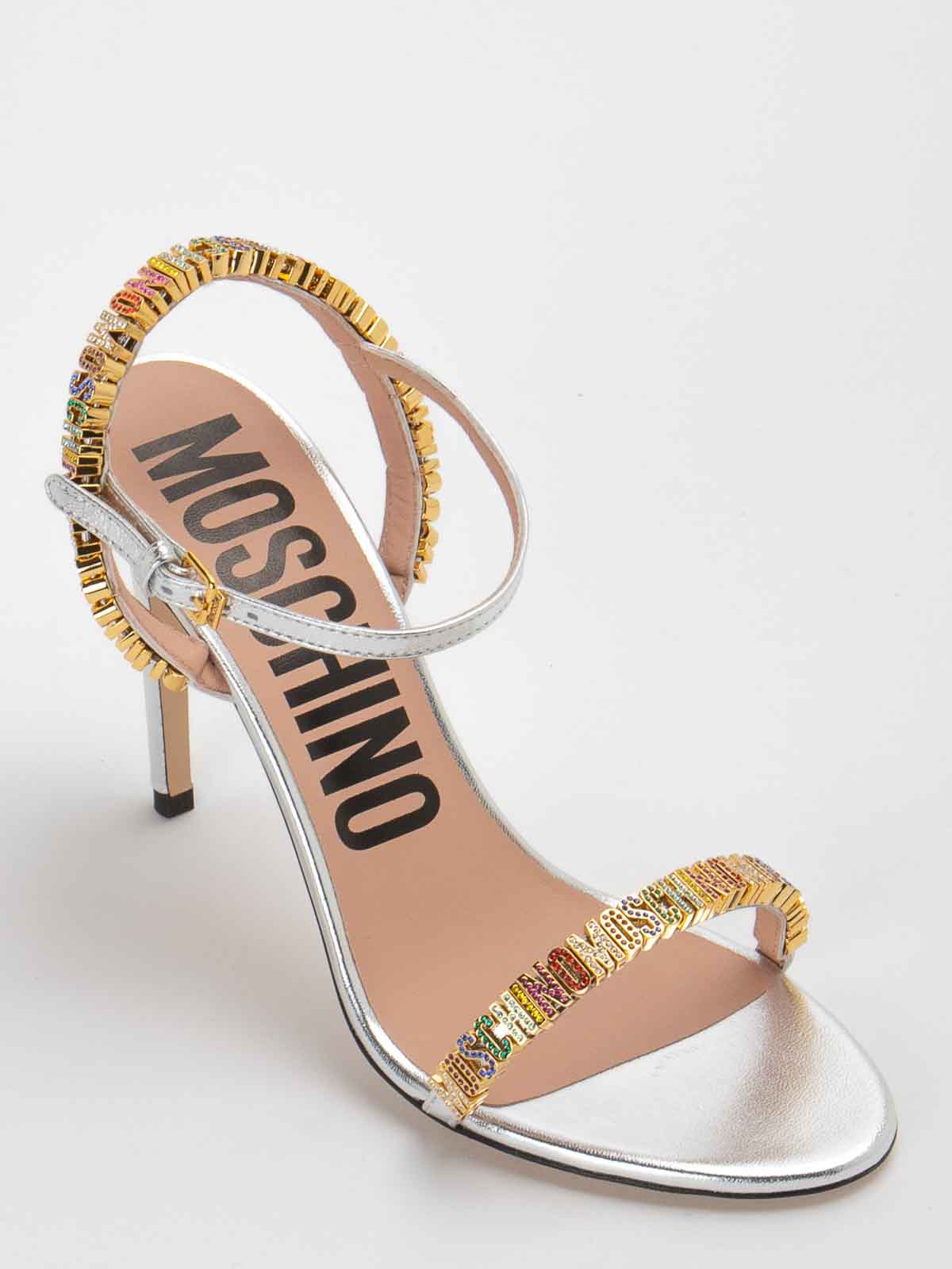 Shop Moschino Leather Sandals In Silver