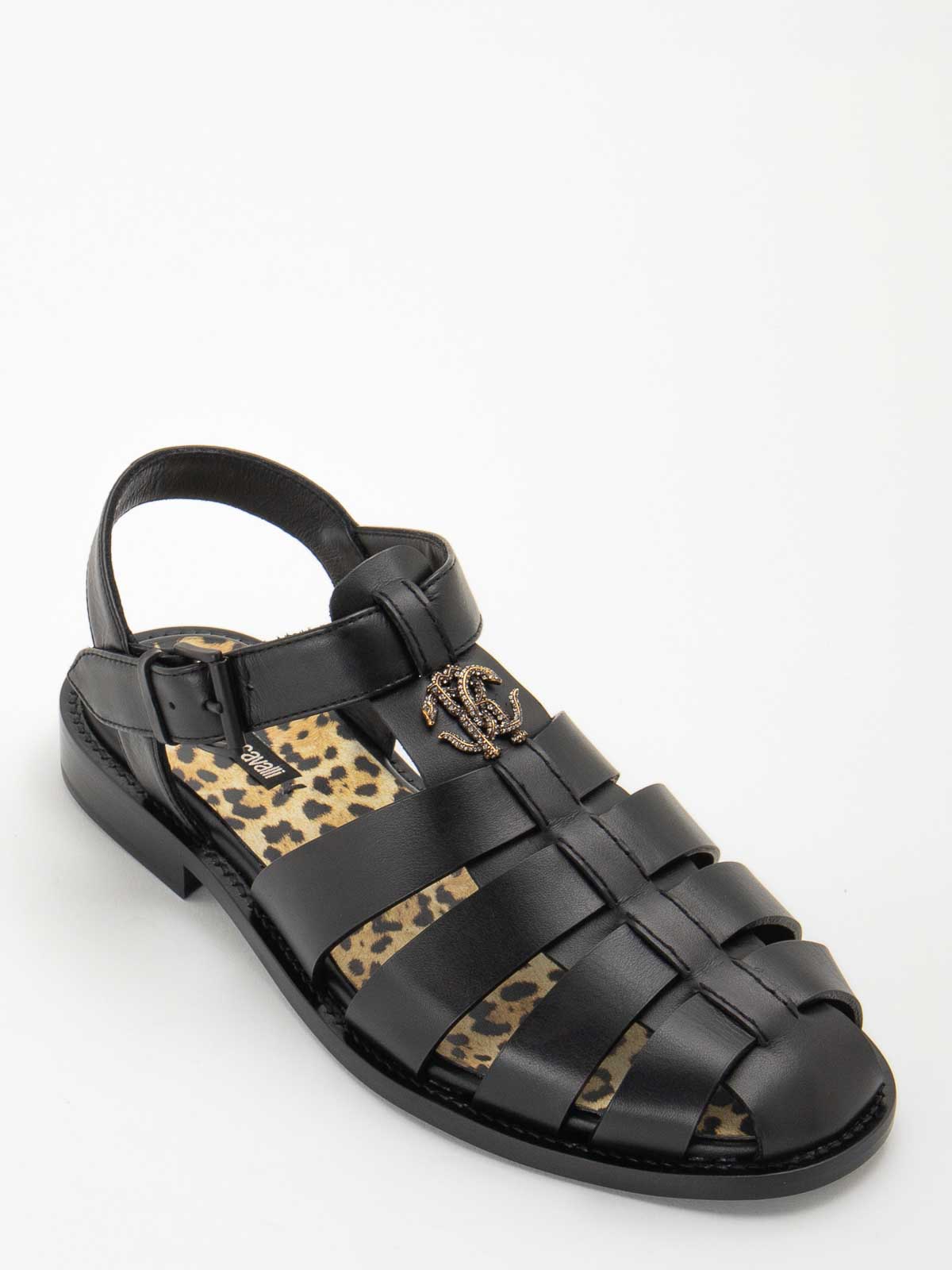 Shop Roberto Cavalli Leather Sandals In Black