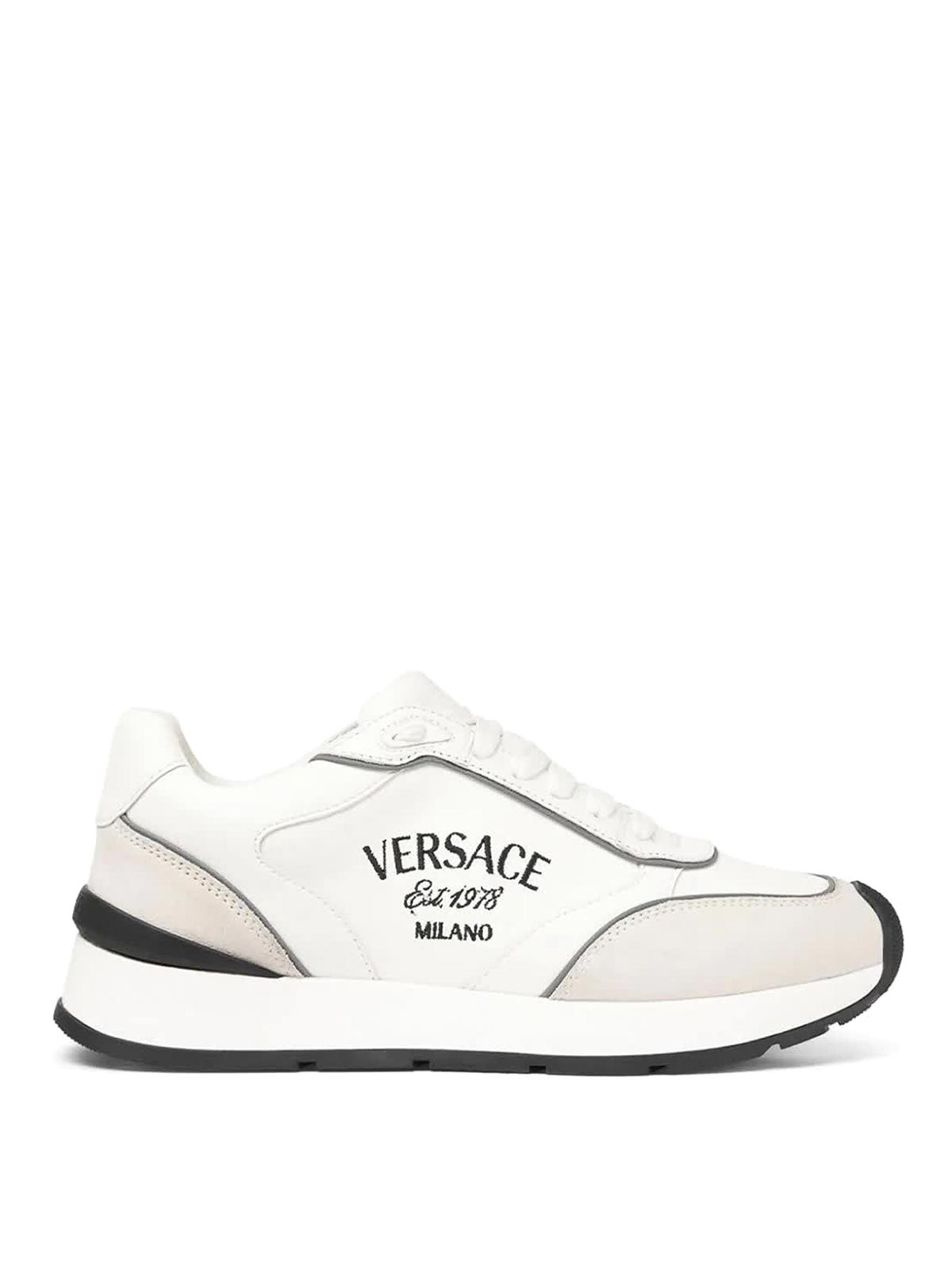 Versace Logo-embroidered Panelled Sneakers In White
