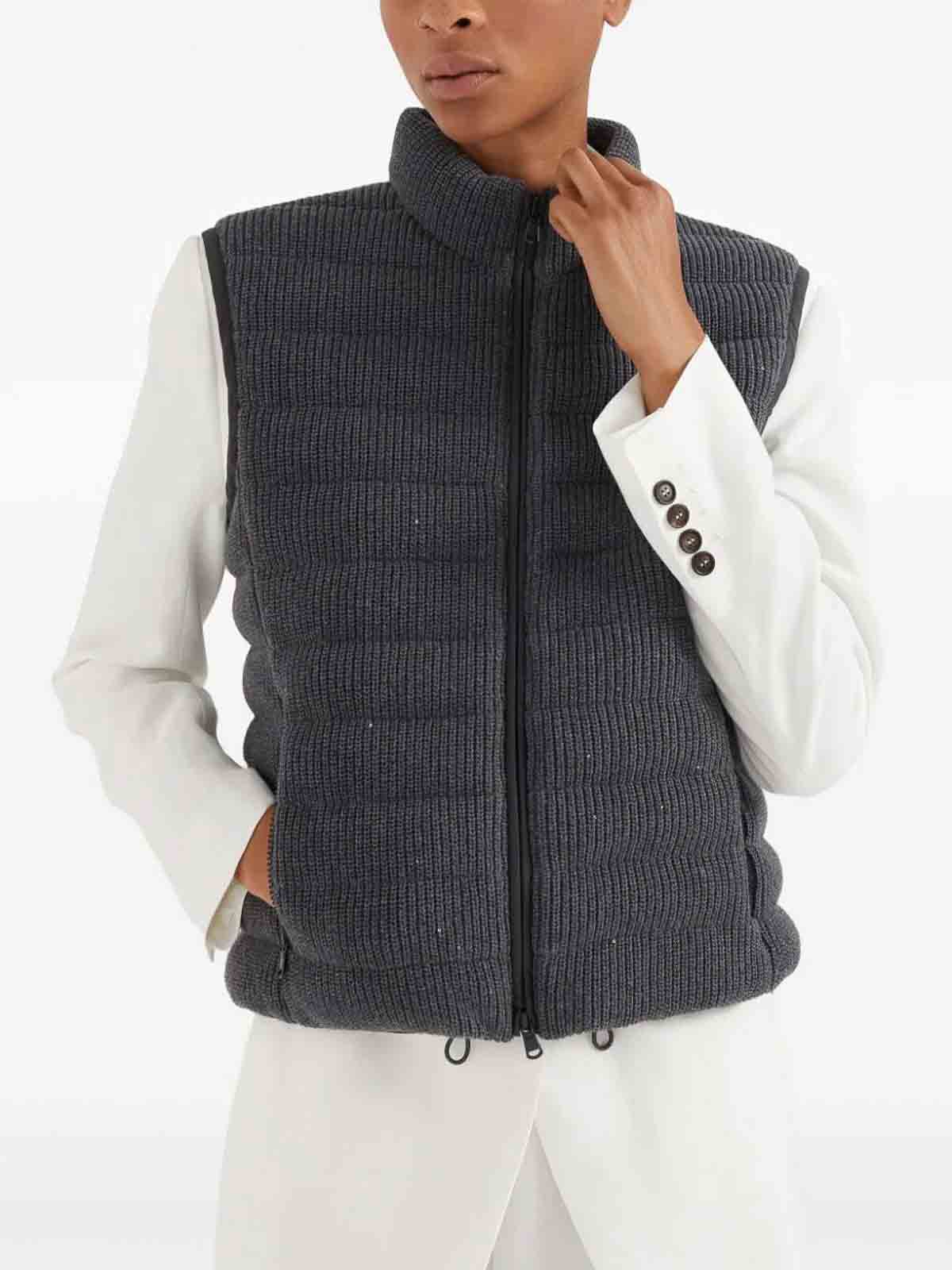 Shop Brunello Cucinelli Dazzling Cotton English Rib Knit Down Vest In Grey
