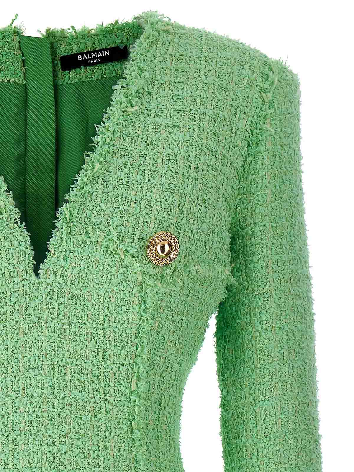 Shop Balmain Logo Button Tweed Dress In Green