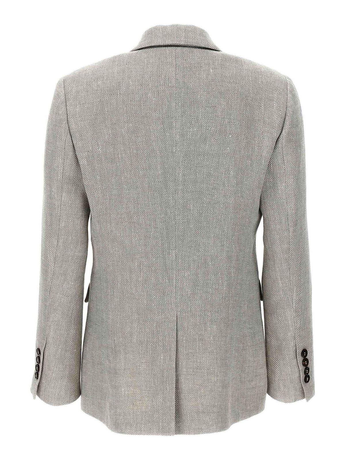Shop Brunello Cucinelli Chevron Linen Double-breasted Blazer In Grey