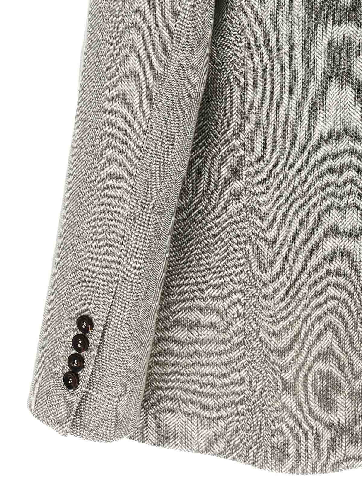 Shop Brunello Cucinelli Chevron Linen Double-breasted Blazer In Grey