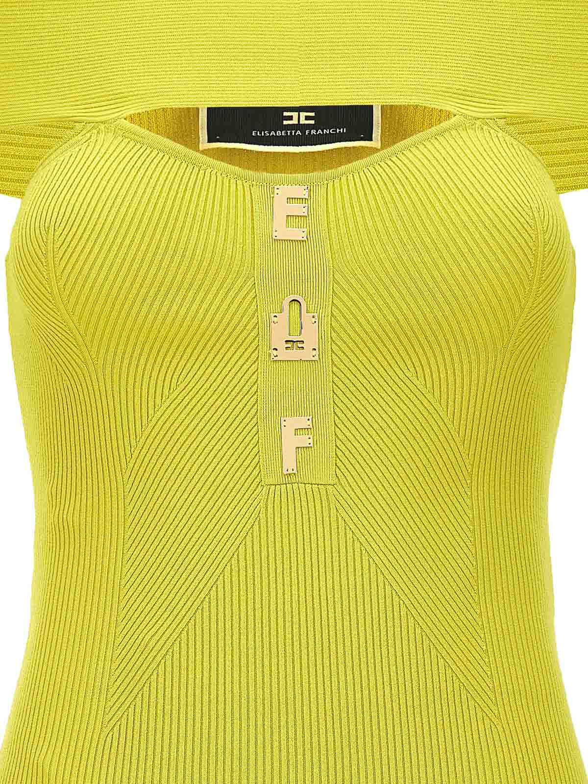 Shop Elisabetta Franchi Ribbed Plaque Dress In Yellow