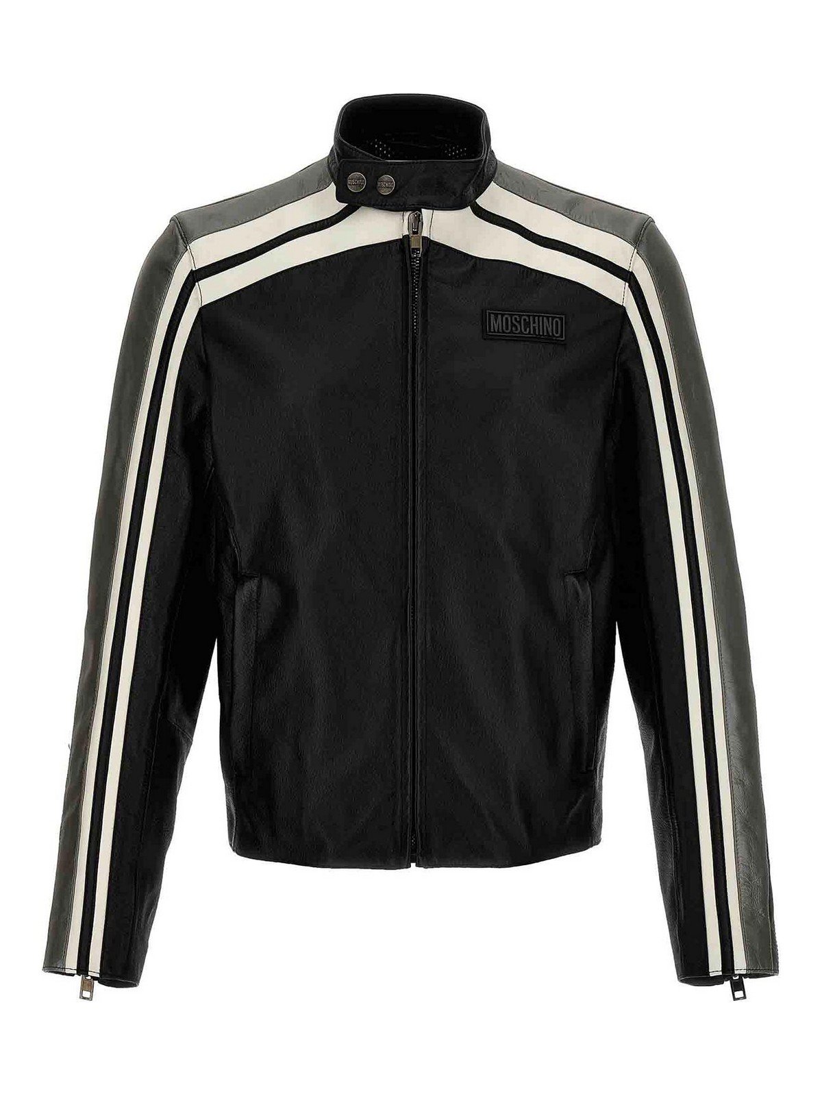 Moschino Leather Jacket With Contrasting Bands In Black