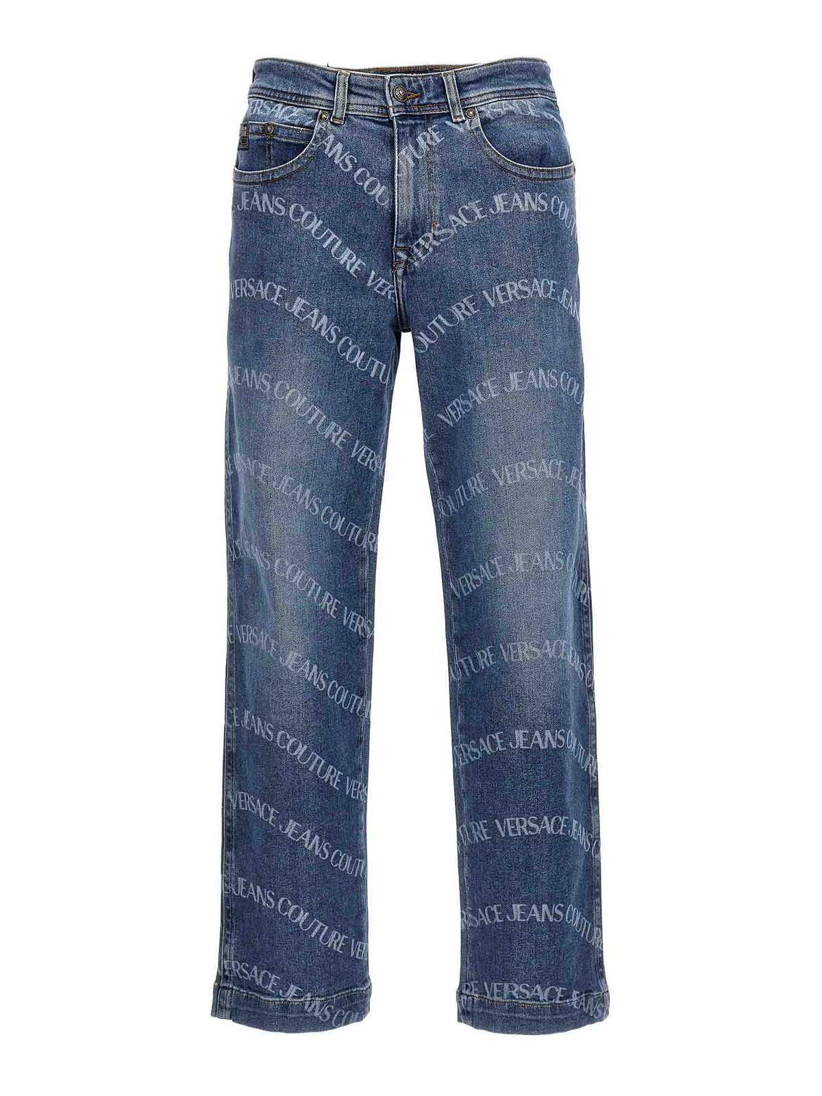 Shop Versace Jeans Couture Logo Print Jeans In Light Blue