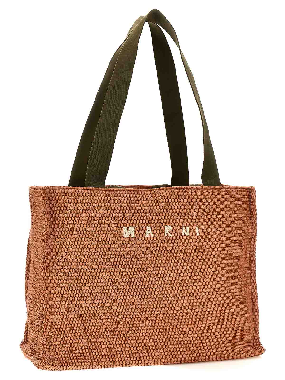 Shop Marni Logo Embroidery Large Shopping Bag In Beige