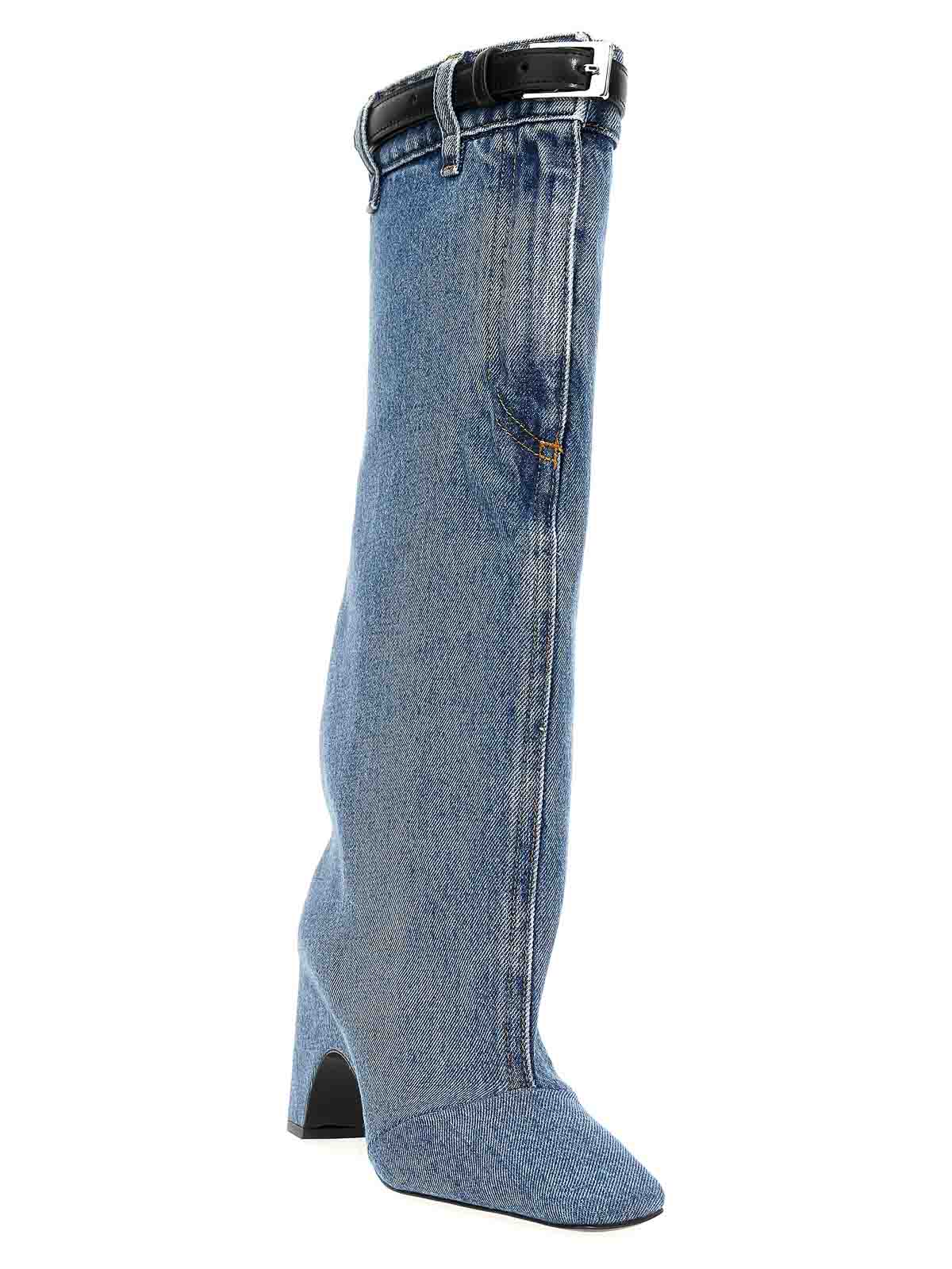 Shop Coperni Denim Open Knee Bridge Boots In Light Blue