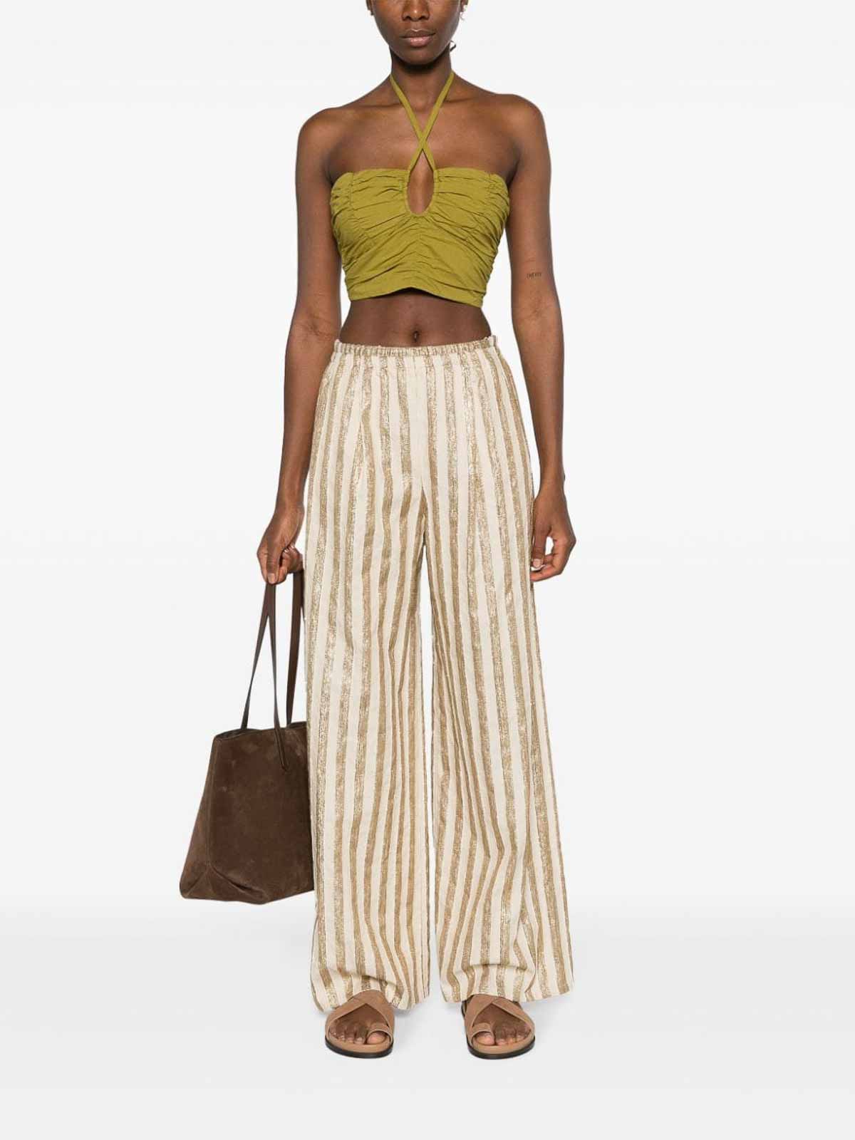 Shop Forte Forte Linen And Cotton Blend Lurex Striped Pants In Gold