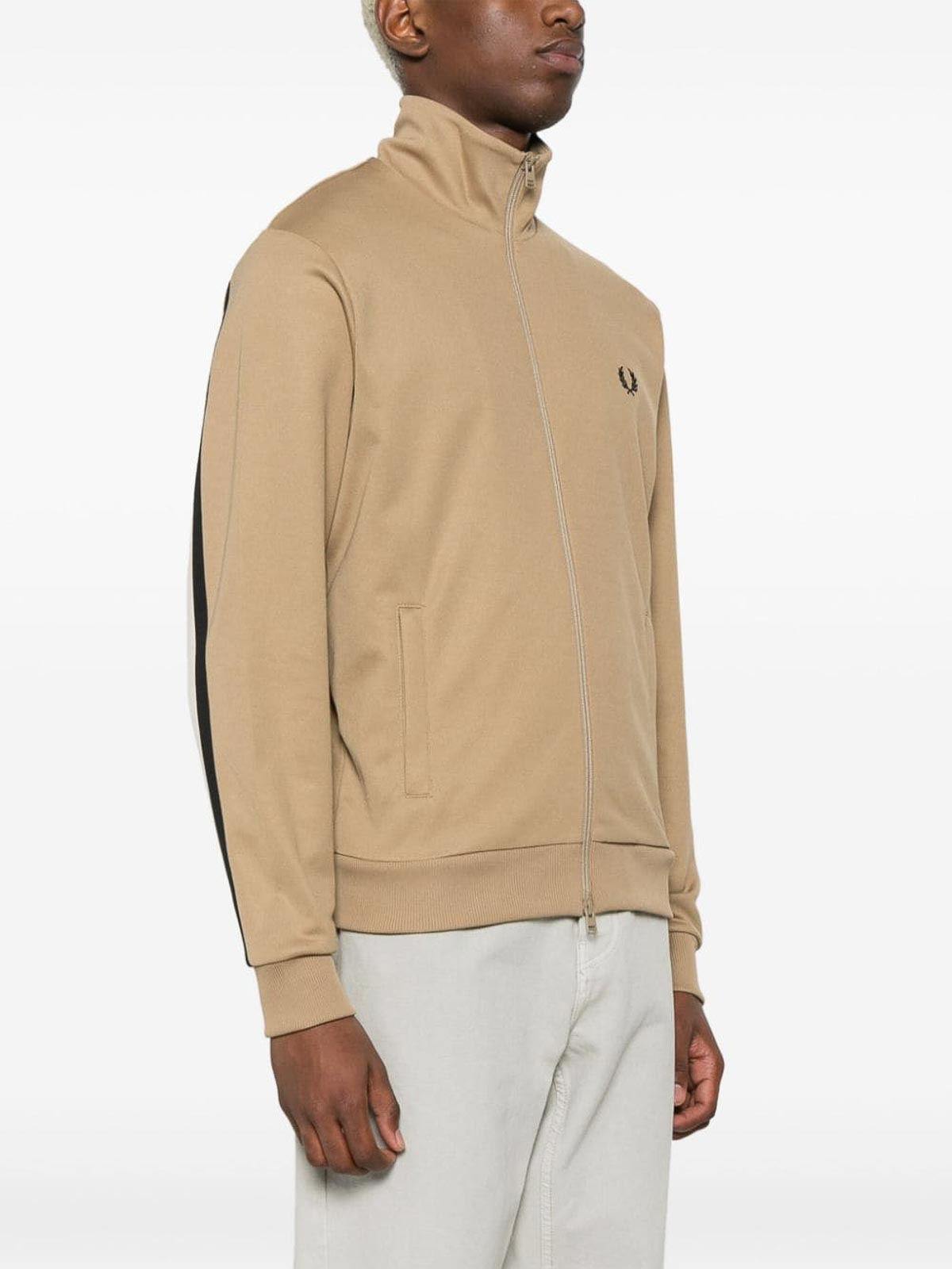 Shop Fred Perry Tape Detail Cotton Blend Track Jacket In Brown