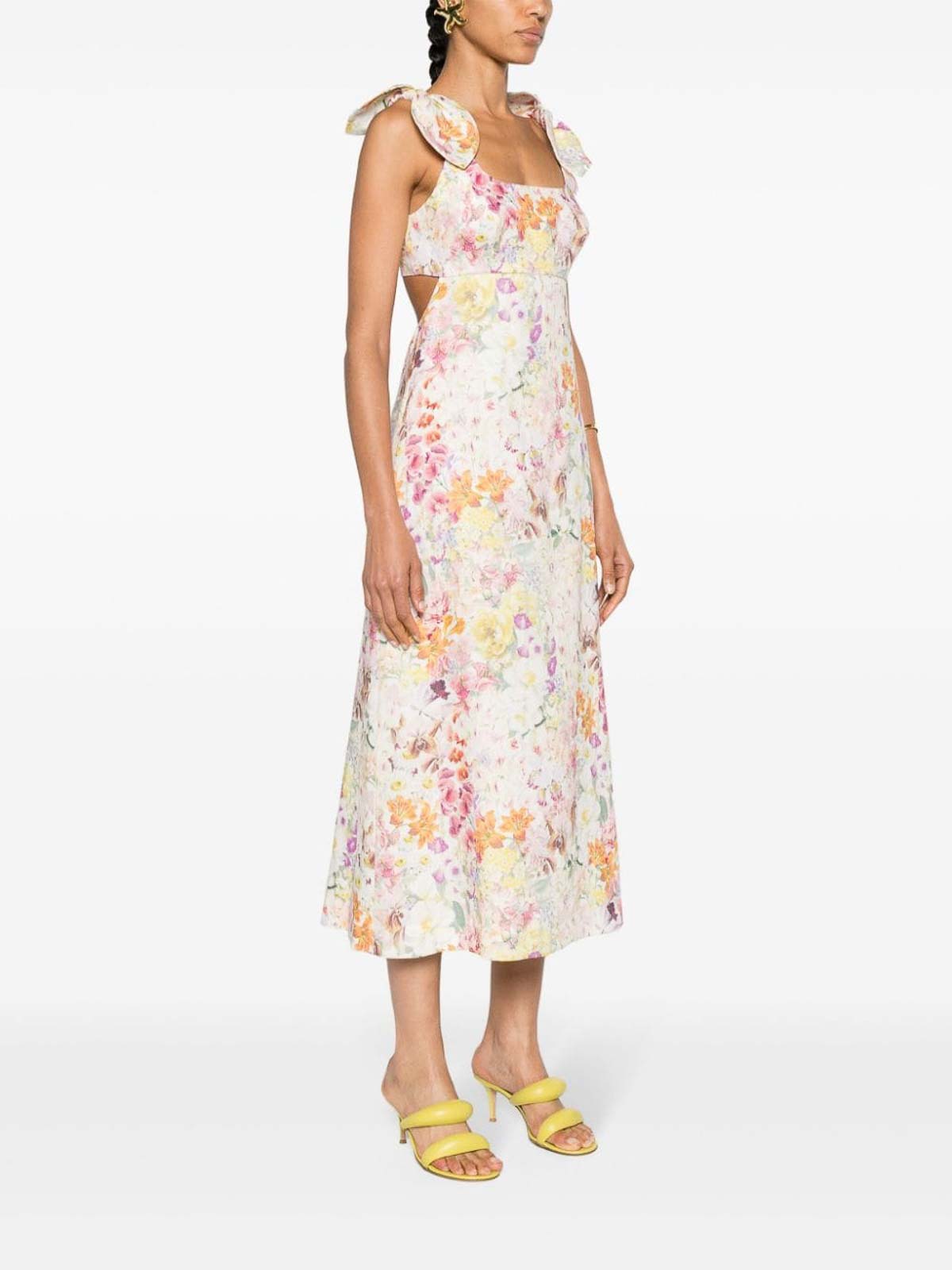 Shop Zimmermann Floral Print Linen Midi Dress In Multicolour