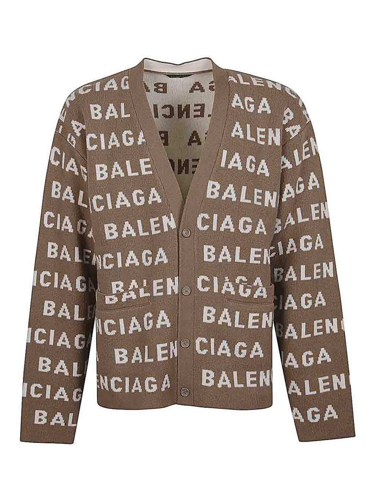 Shop Balenciaga Allover Logo Wool Cardigan In Beige