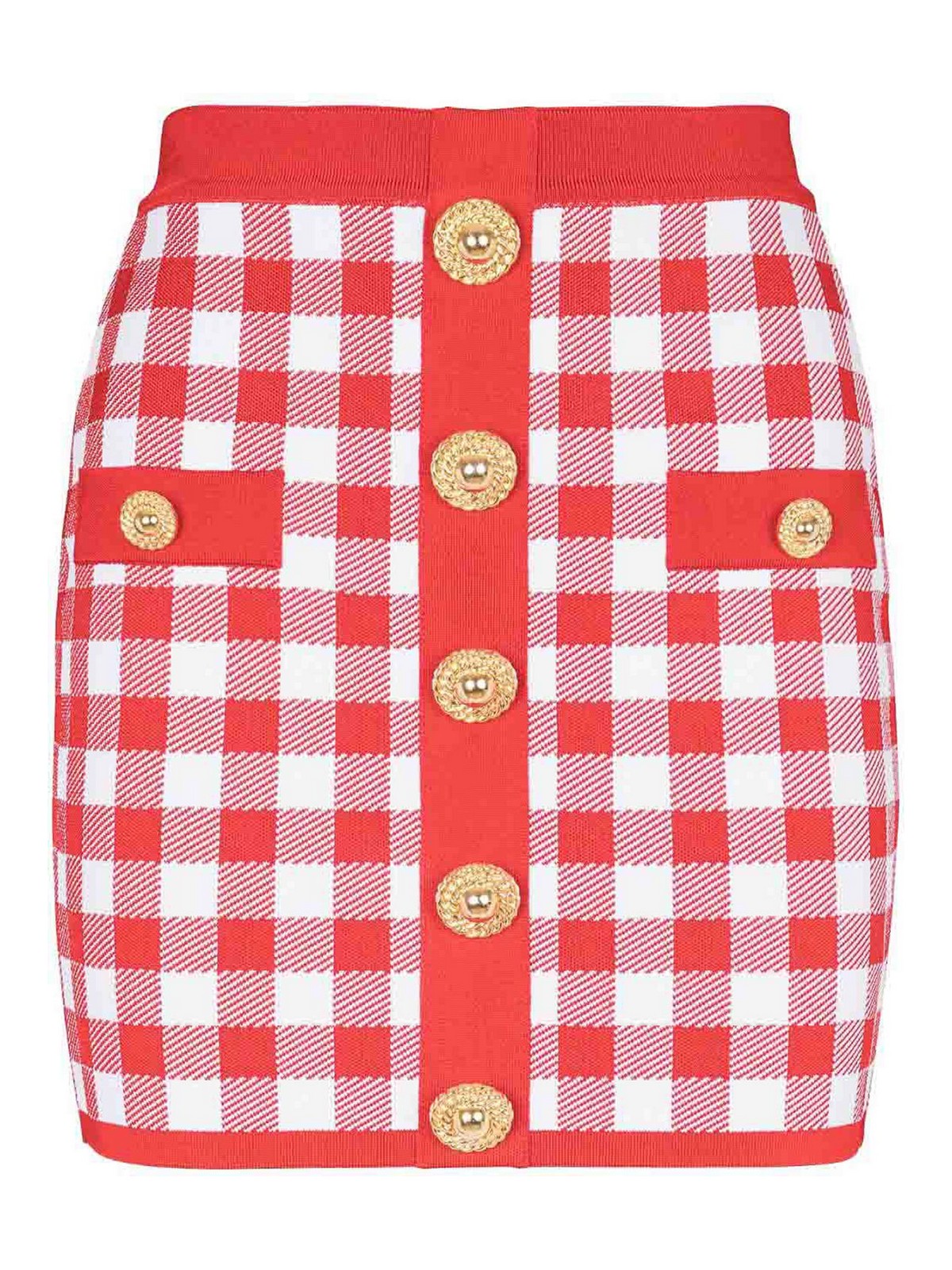 Shop Balmain Vichy Buttoned Mini Skirt In Red