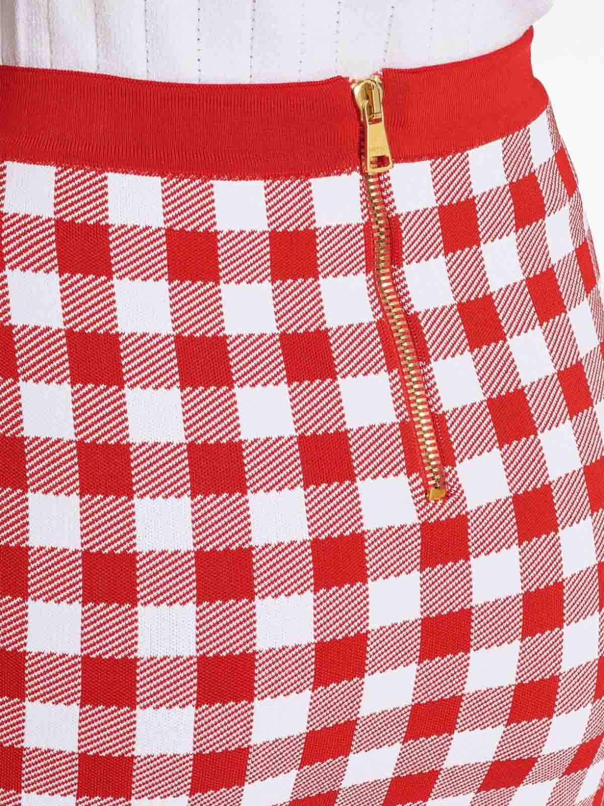 Shop Balmain Vichy Buttoned Mini Skirt In Red