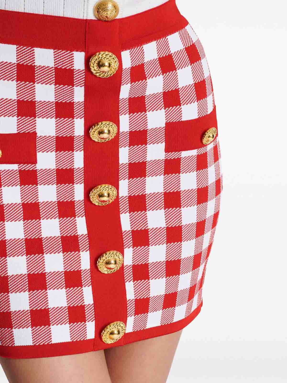 Shop Balmain Vichy Buttoned Mini Skirt In Red