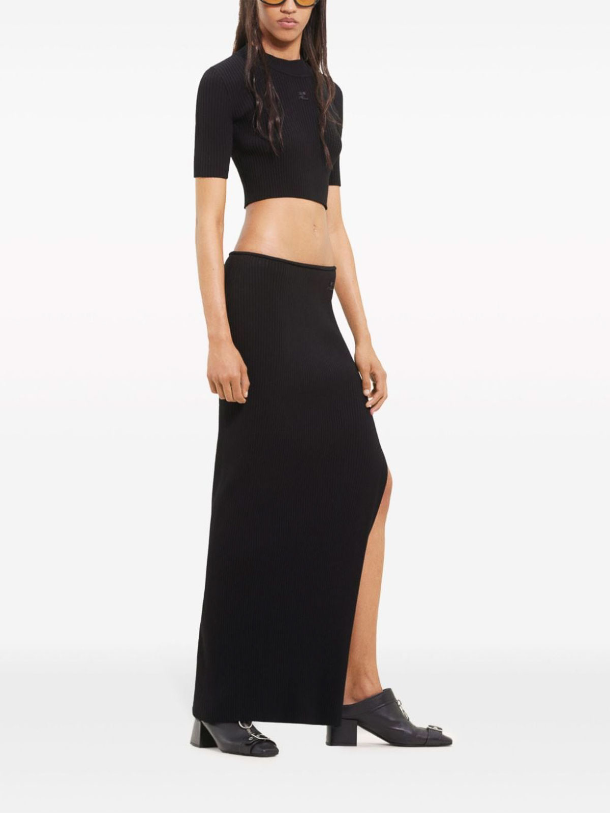 Shop Courrèges Long Ribbed Fitted Skirt In Black