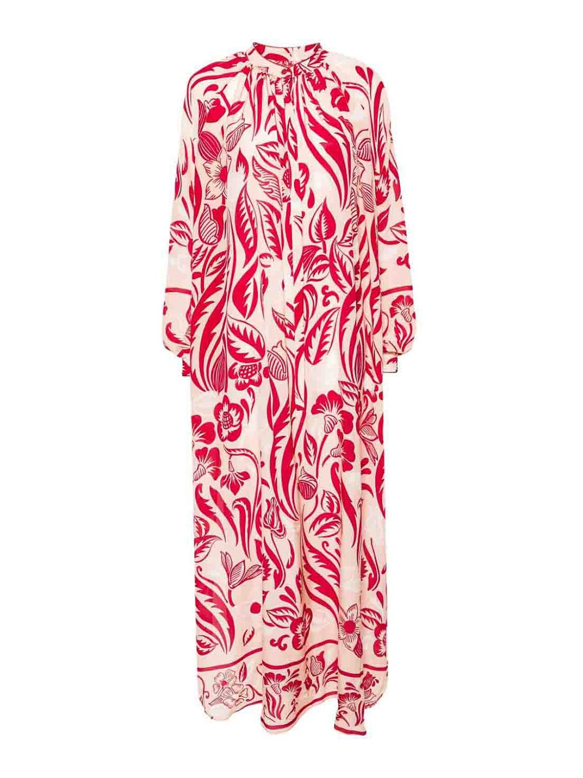 F.r.s For Restless Sleepers Printed Crepe De Chine Long Dress In Dark Red