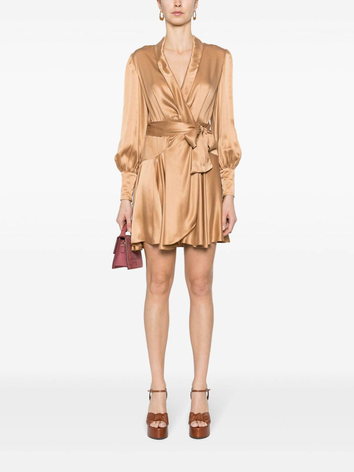 Shop Zimmermann Silk Wrap Mini Dress In Brown