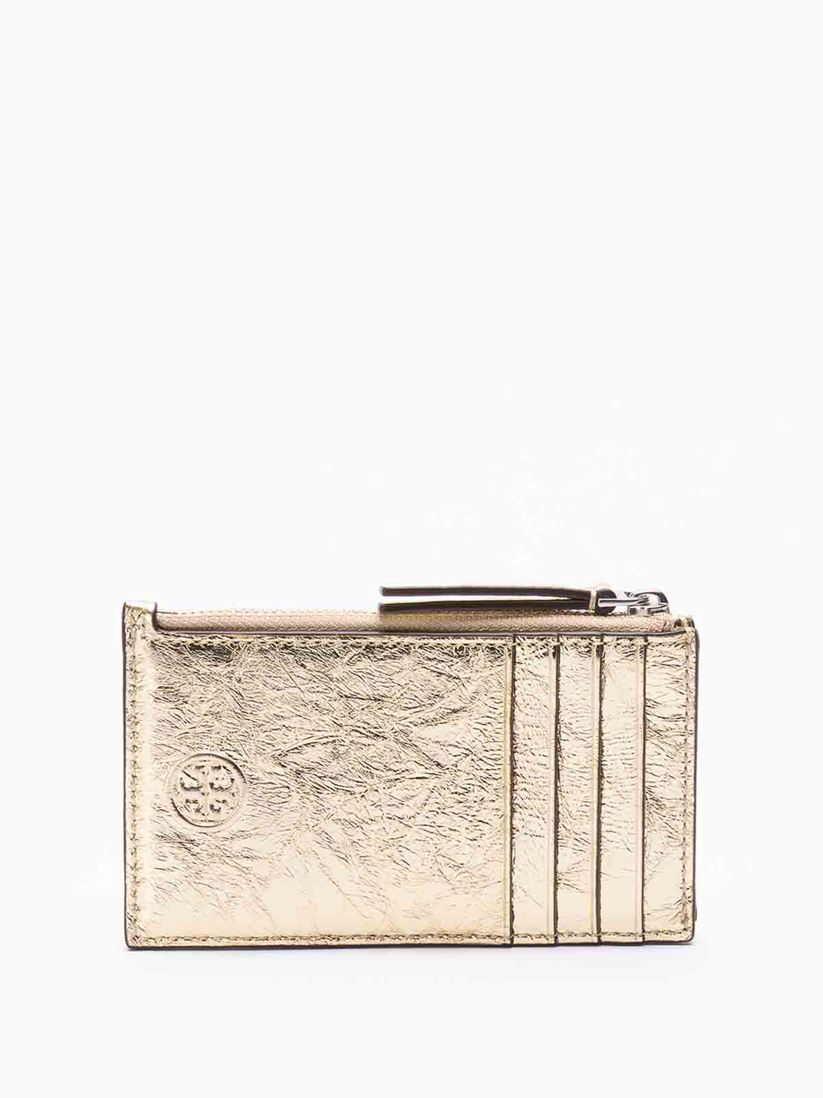 Shop Tory Burch Fleming Square Quilt Zip Card Case In Gold
