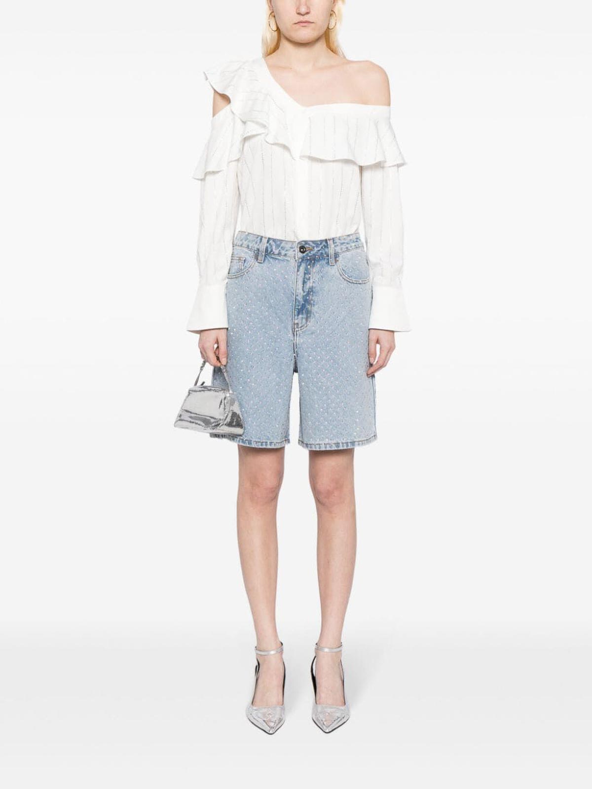 Self Portrait Rhinestone Stripe Top - White | SS24184TAWWHITE