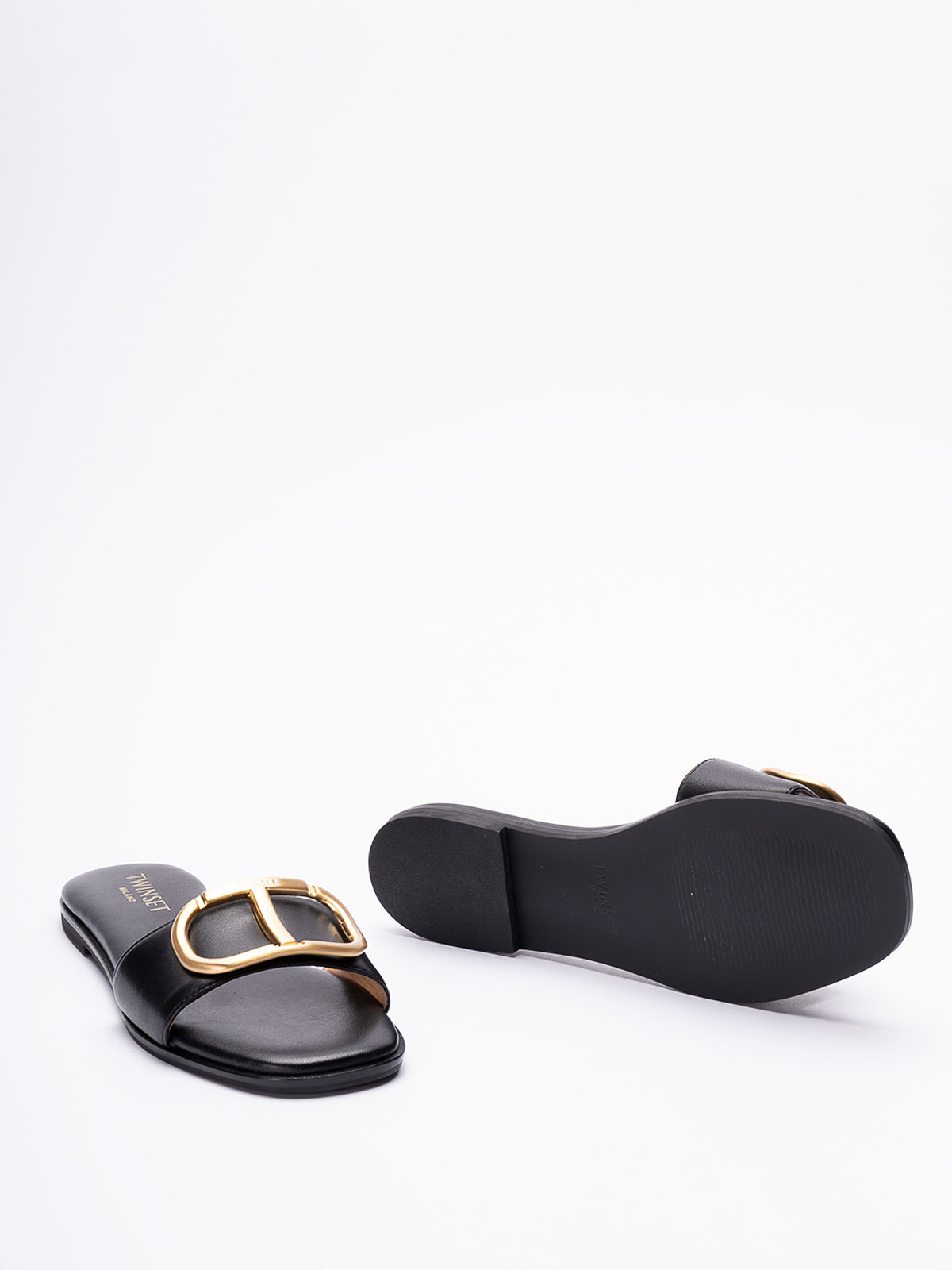 Shop Twinset Calfskin Sandals In Black