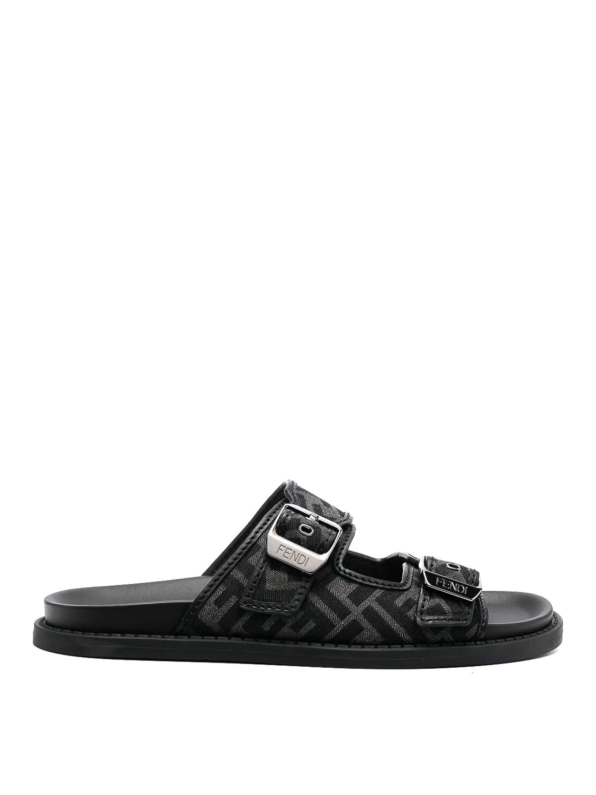 Shop Fendi Leather Sandals In Grey