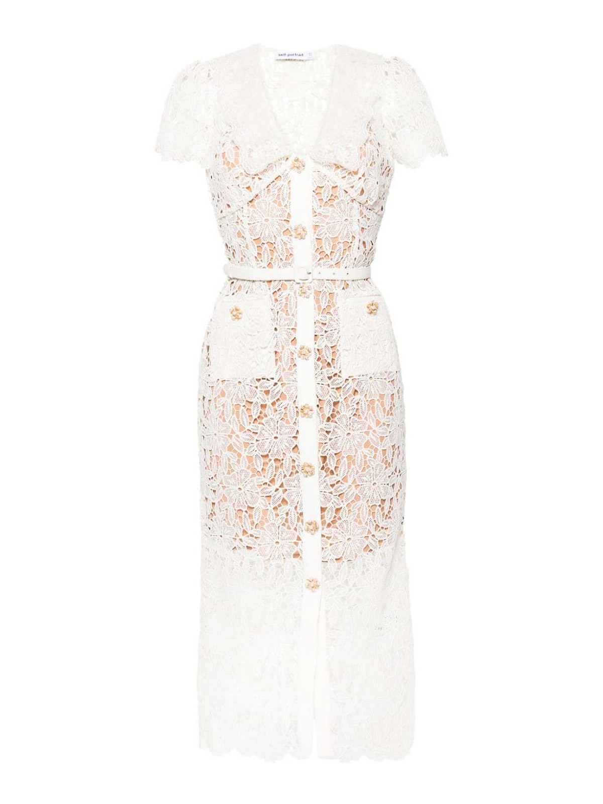 Shop Self-portrait Lace Midi Dress In Beige