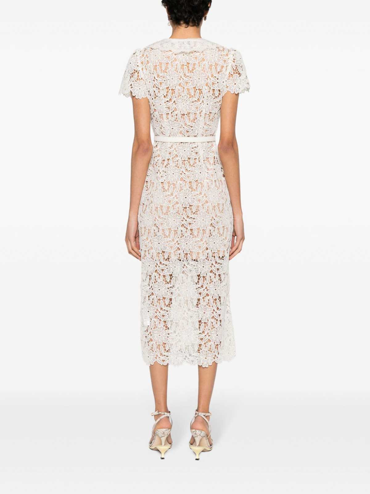 Shop Self-portrait Lace Midi Dress In Beige