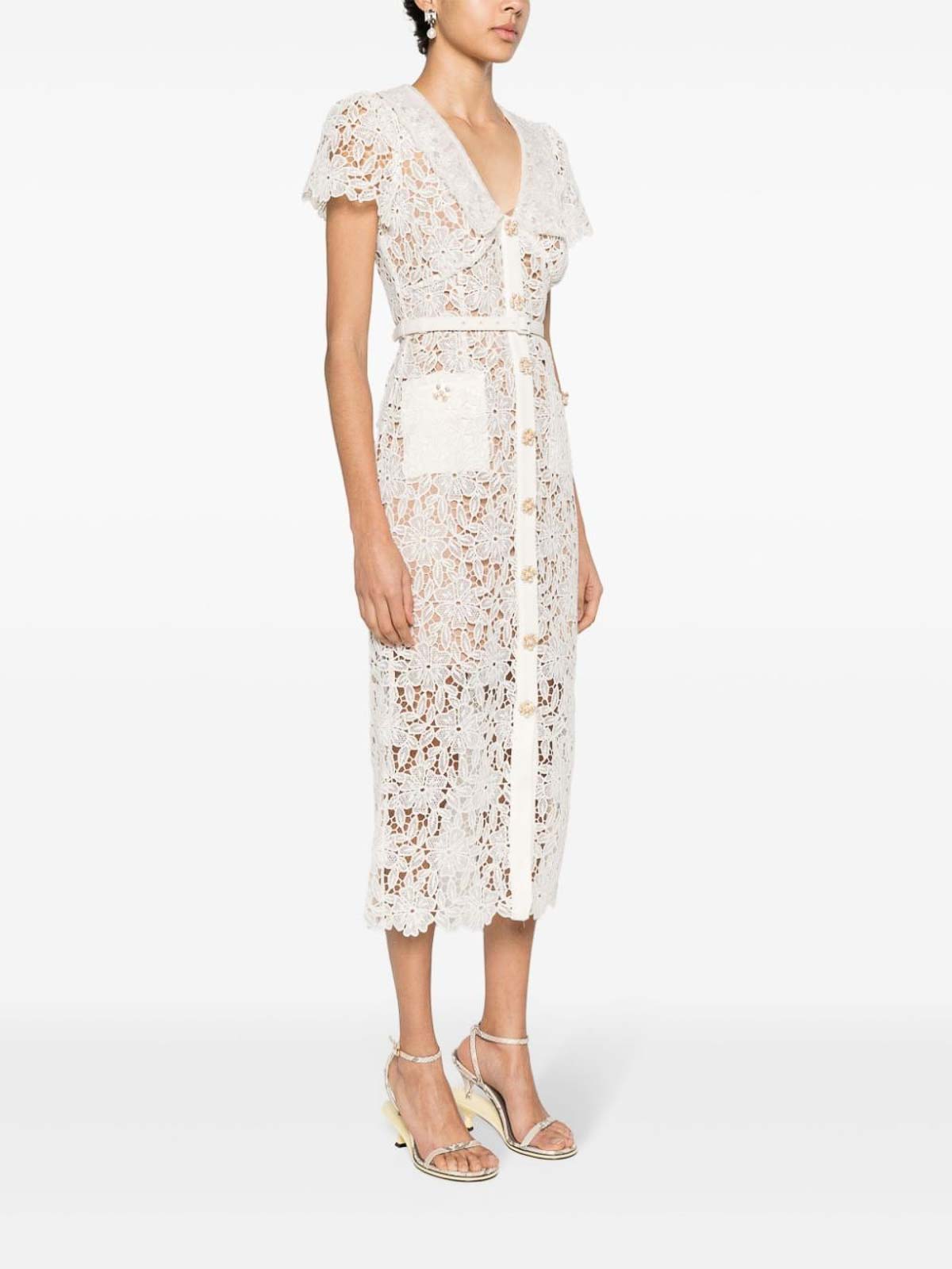 Shop Self-portrait Lace Midi Dress In Beige