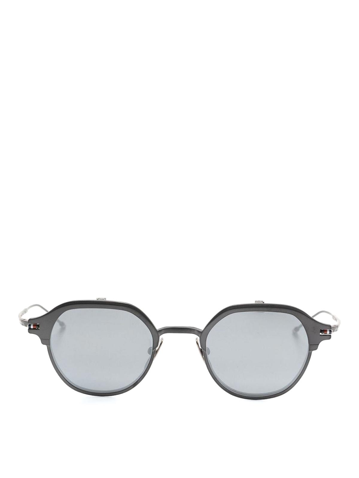 Shop Thom Browne Round Clip On Sunglasses In Titanium In Black