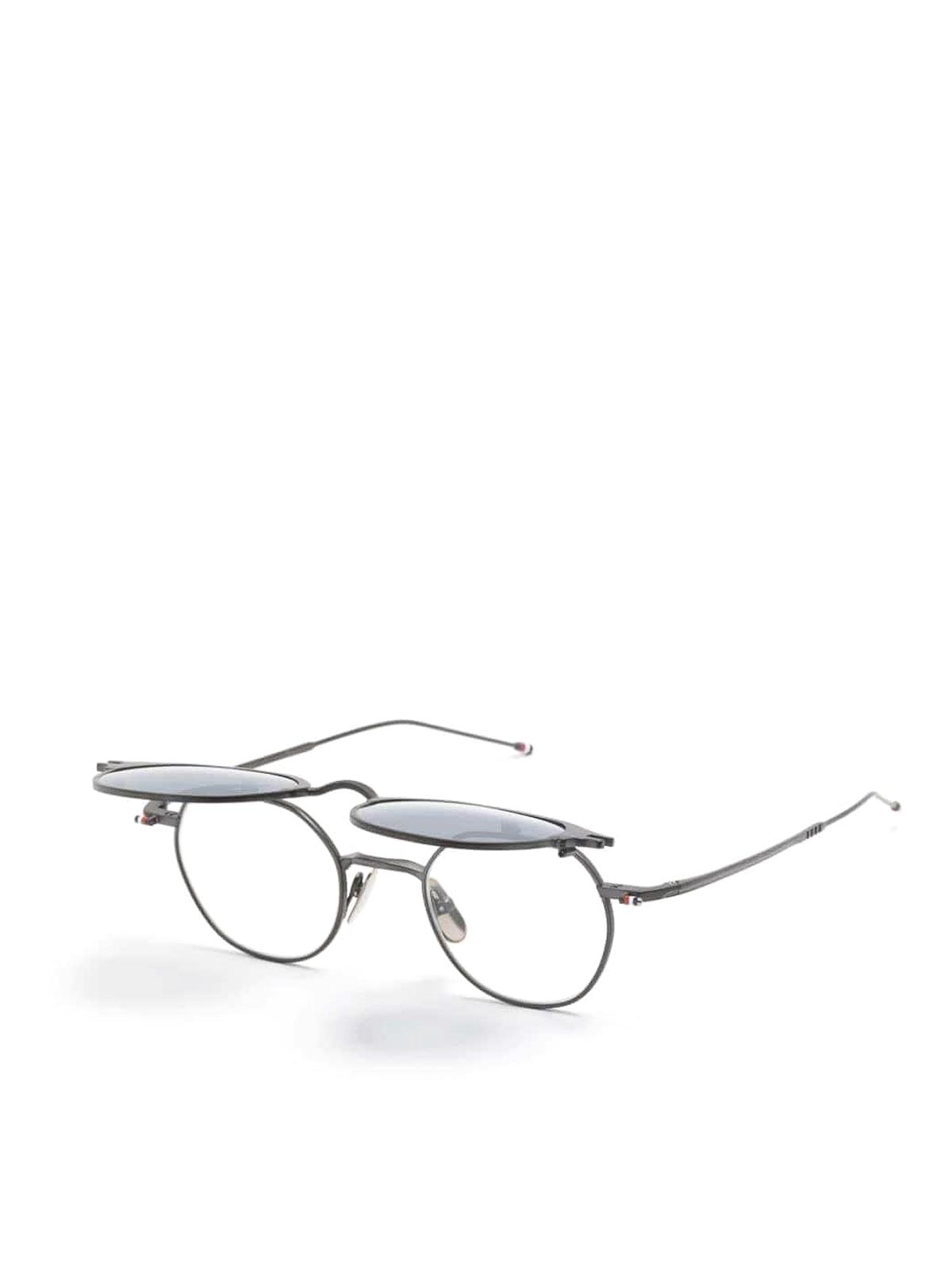 Shop Thom Browne Round Clip On Sunglasses In Titanium In Black