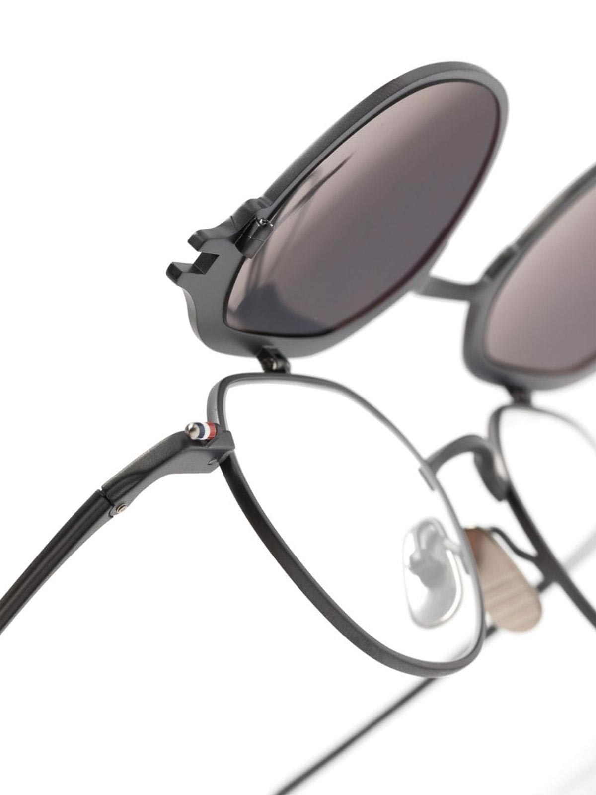 Shop Thom Browne Round Clip On Sunglasses In Titanium In Black