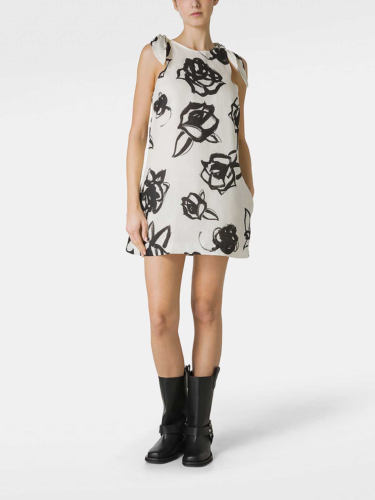 M.S.G.M. Short Linen Dress With Rose Print|3642MDA0724731799 M.S.G.M. Short Linen Dress With Rose Print|3642MDA0724731799